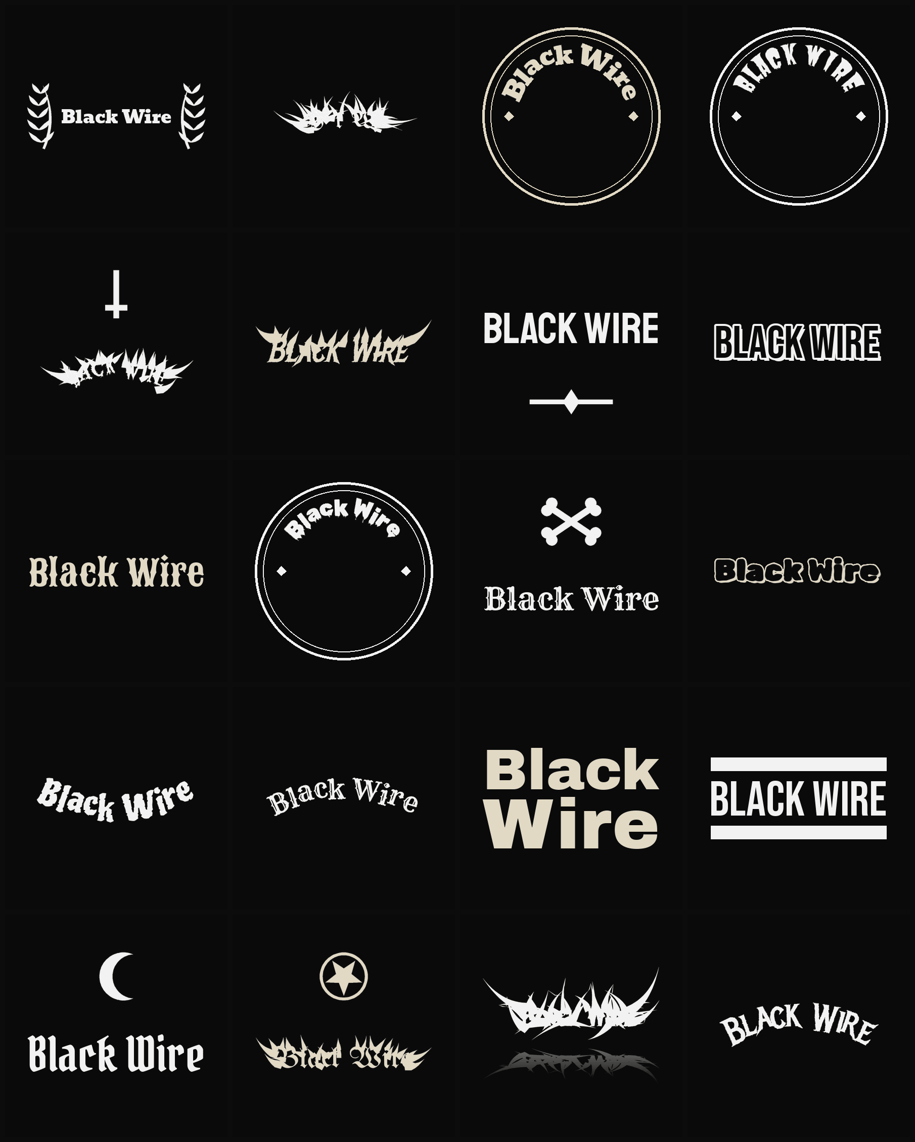 Twenty Black Wire band logo ideas — different faces, treatments and spike settings