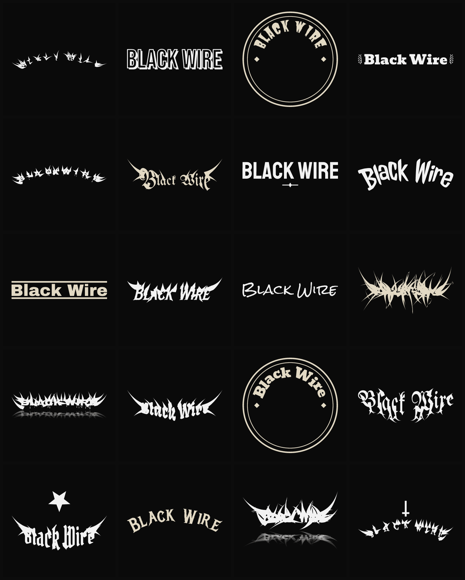 Twenty Black Wire band logo ideas — different faces, treatments and spike settings