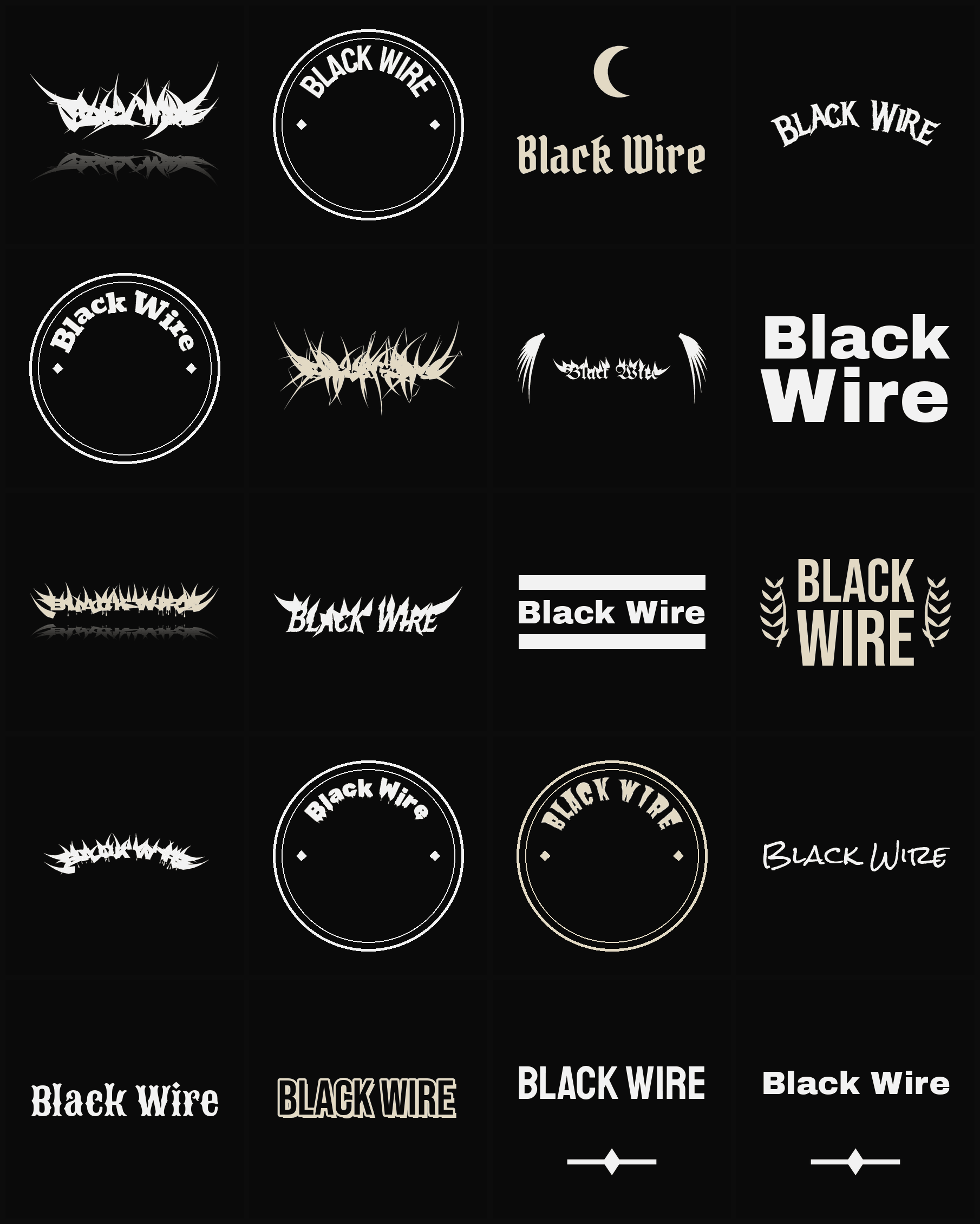 Twenty Black Wire band logo ideas — different faces, treatments and spike settings
