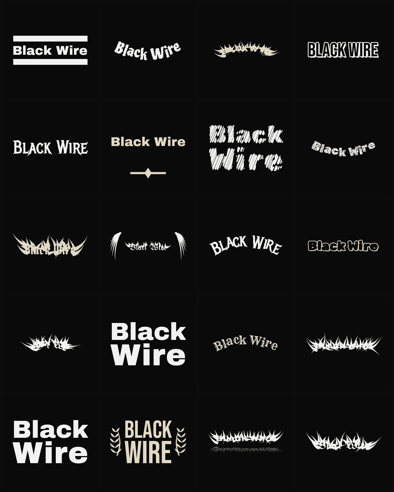 Twenty Black Wire band logo ideas — different faces, treatments and spike settings