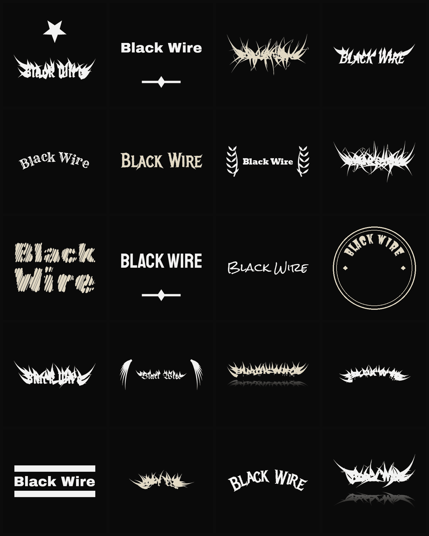 Twenty Black Wire band logo ideas — different faces, treatments and spike settings