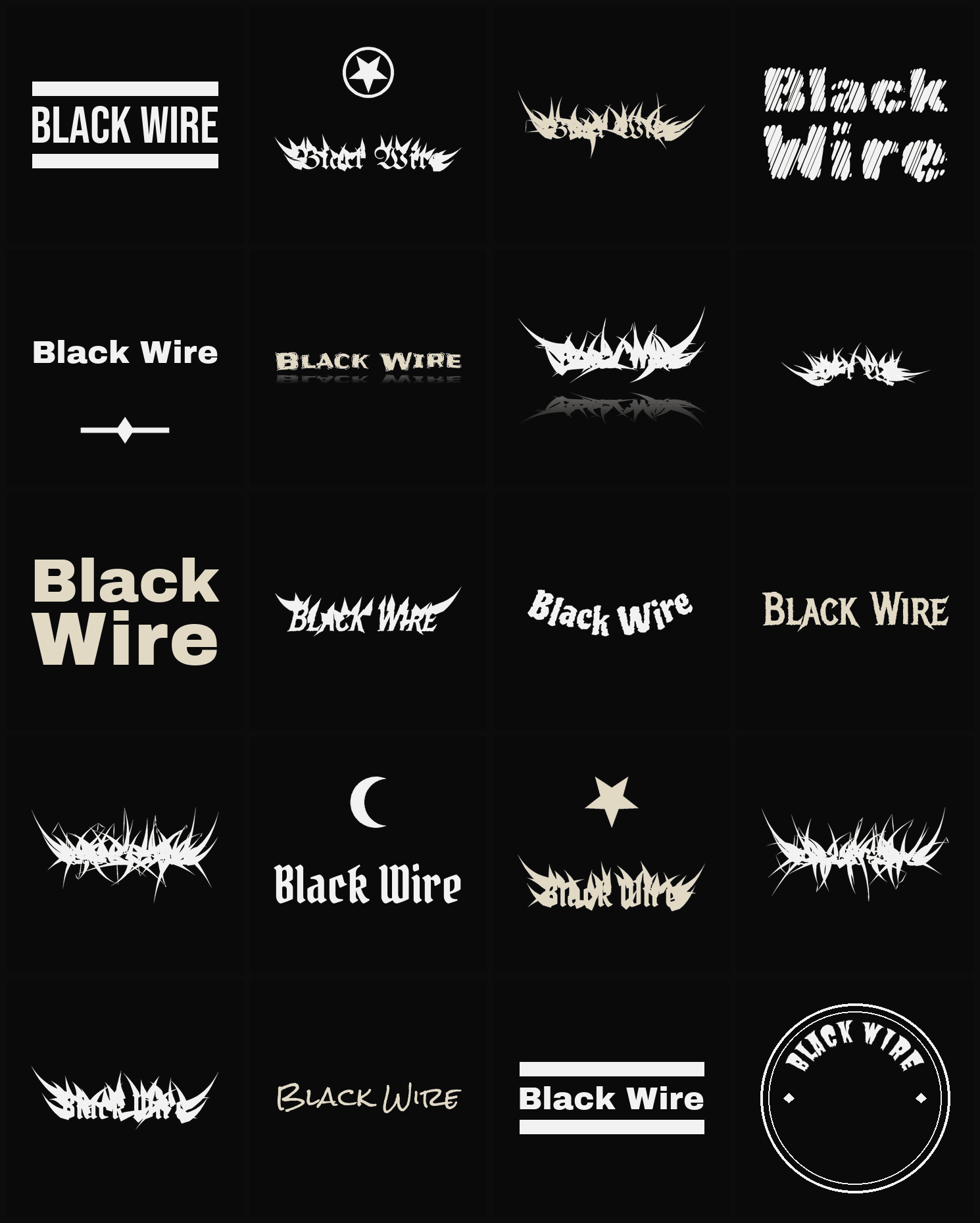 Twenty Black Wire band logo ideas — different faces, treatments and spike settings