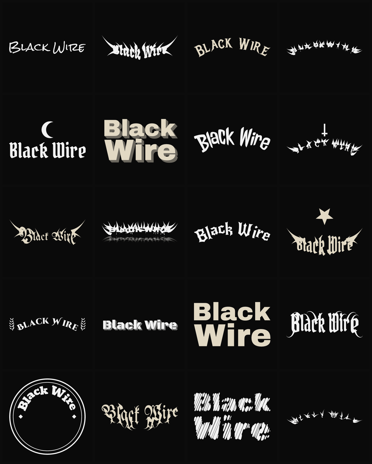 Twenty Black Wire band logo ideas — different faces, treatments and spike settings