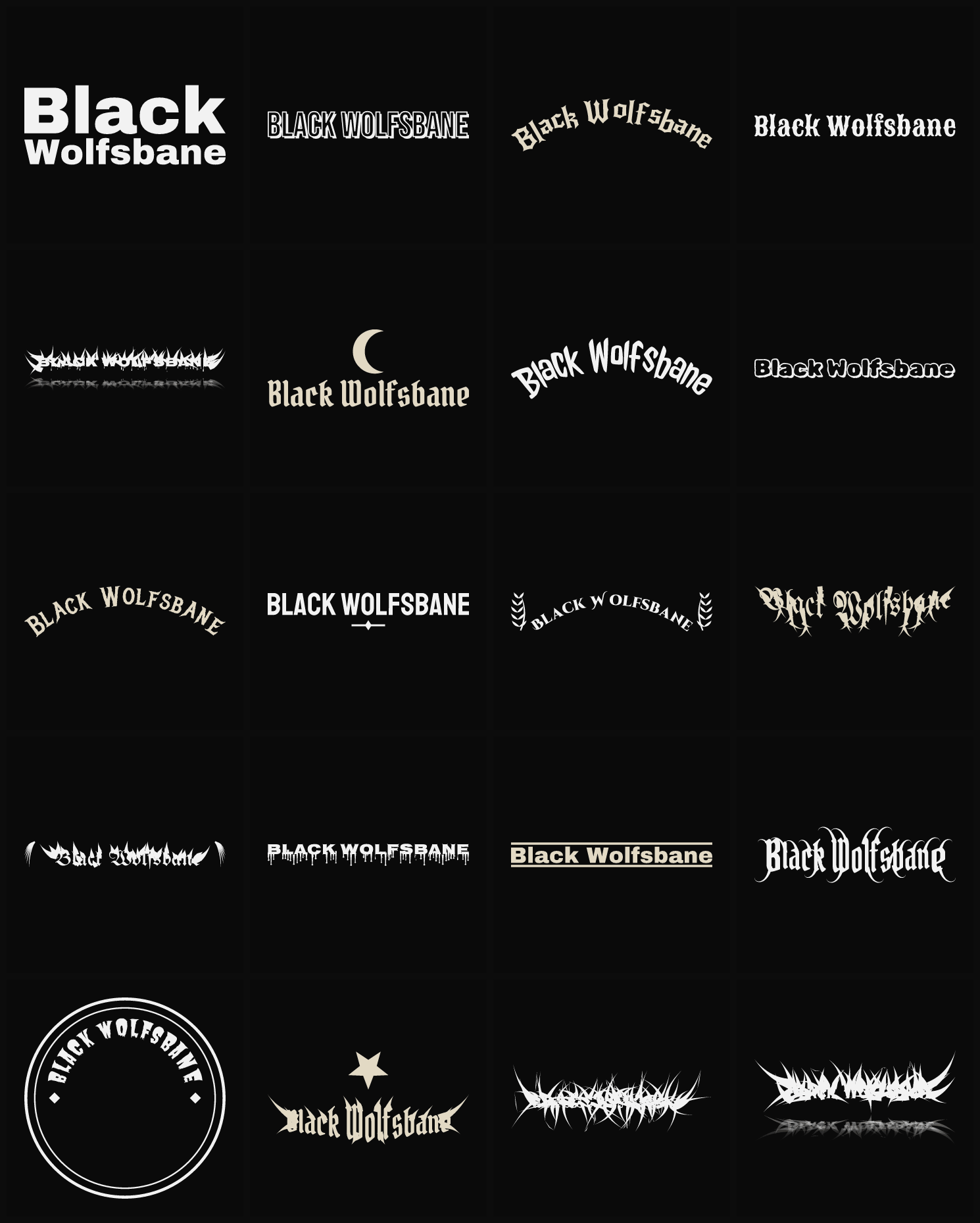 Twenty Black Wolfsbane band logo ideas — different faces, treatments and spike settings