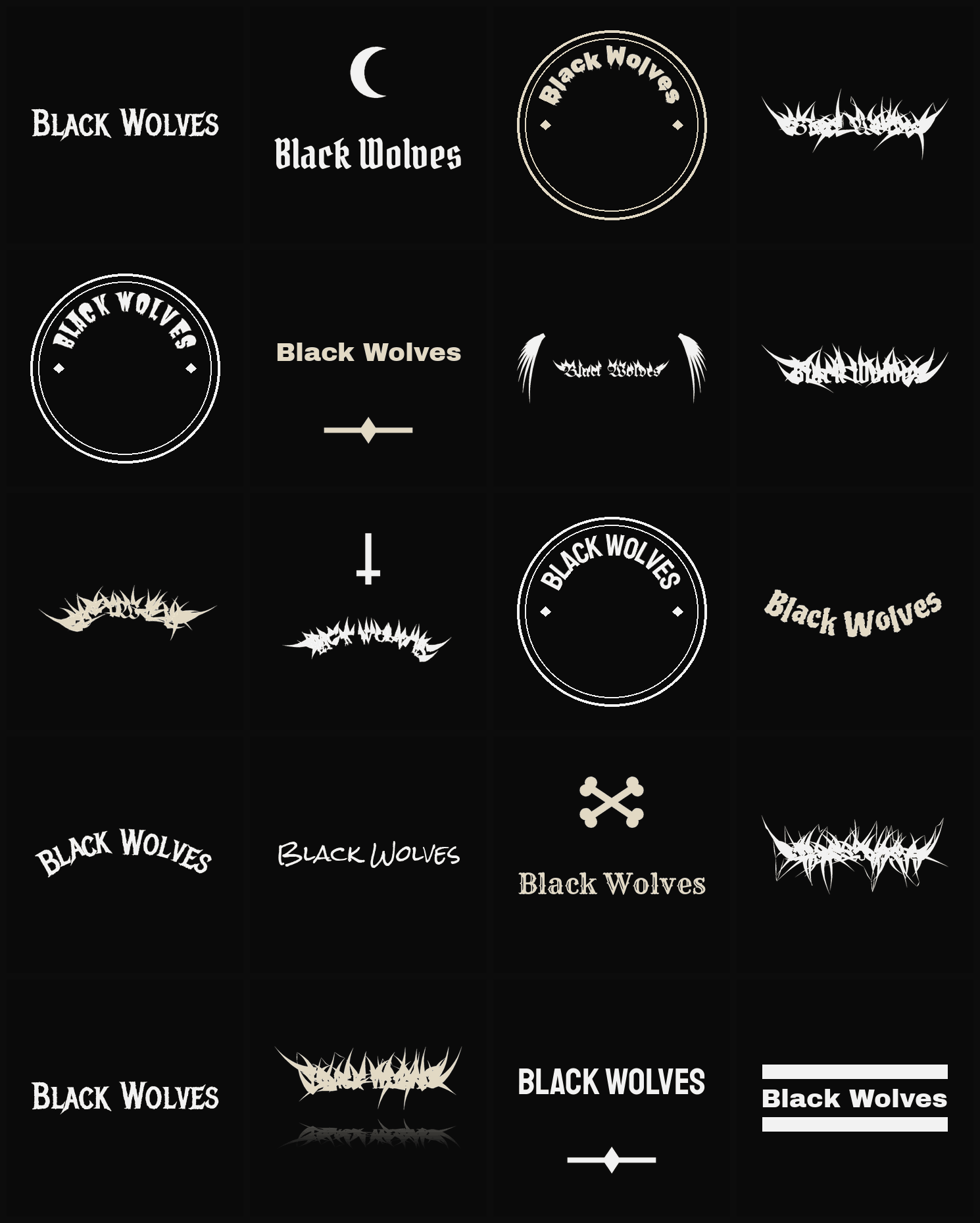 Twenty Black Wolves band logo ideas — different faces, treatments and spike settings