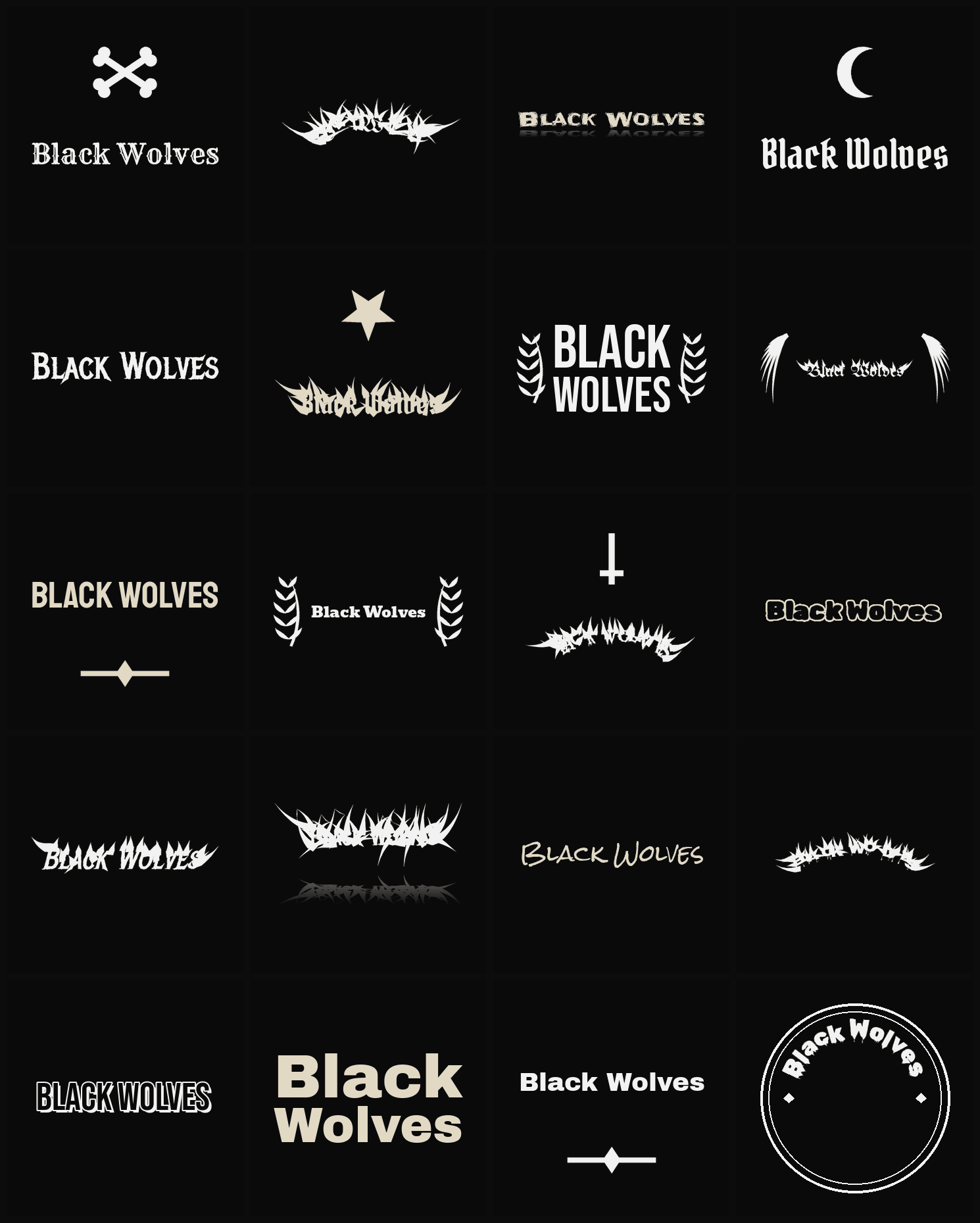 Twenty Black Wolves band logo ideas — different faces, treatments and spike settings