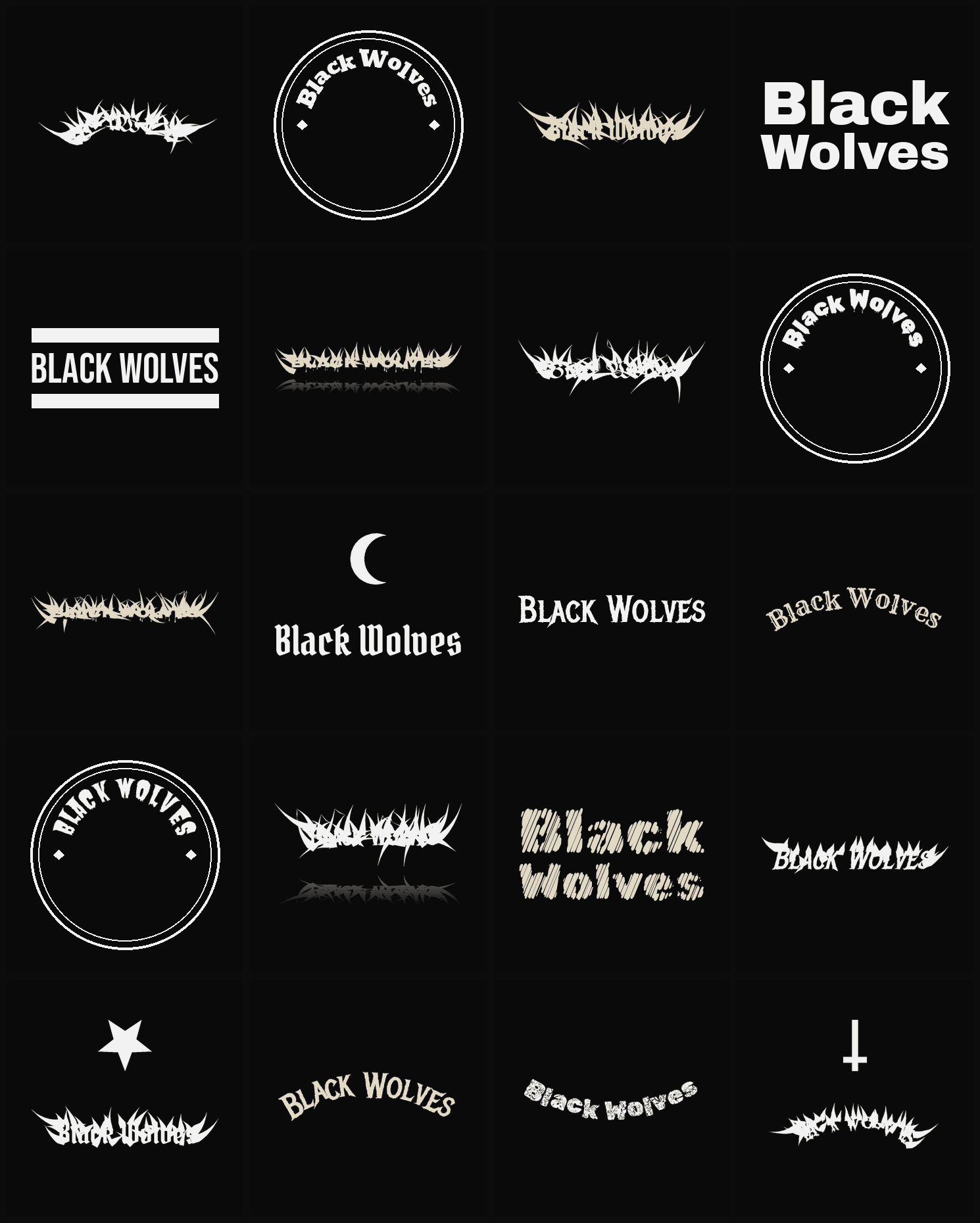 Twenty Black Wolves band logo ideas — different faces, treatments and spike settings