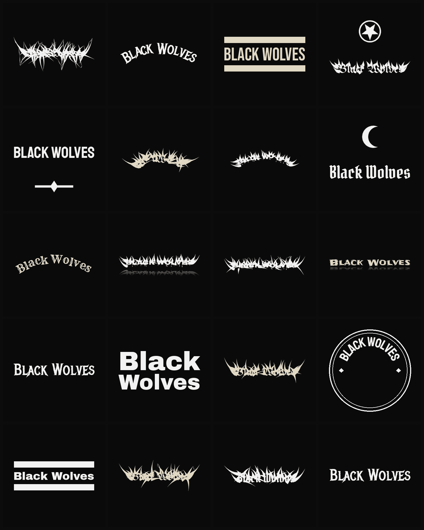 Twenty Black Wolves band logo ideas — different faces, treatments and spike settings