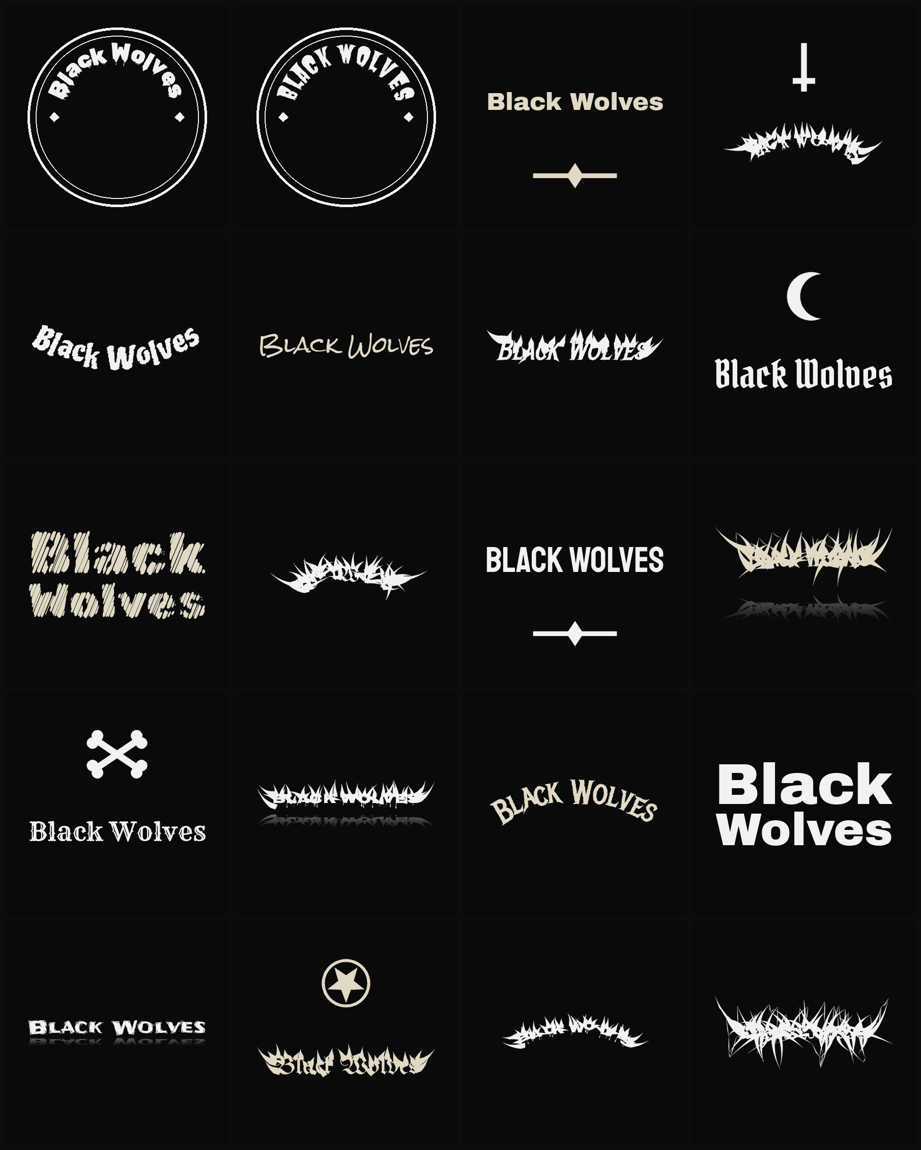 Twenty Black Wolves band logo ideas — different faces, treatments and spike settings