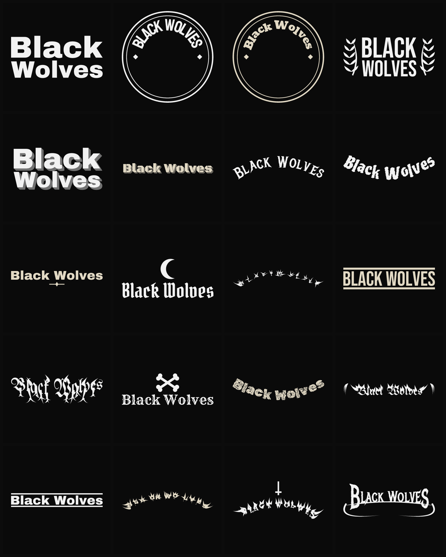 Twenty Black Wolves band logo ideas — different faces, treatments and spike settings