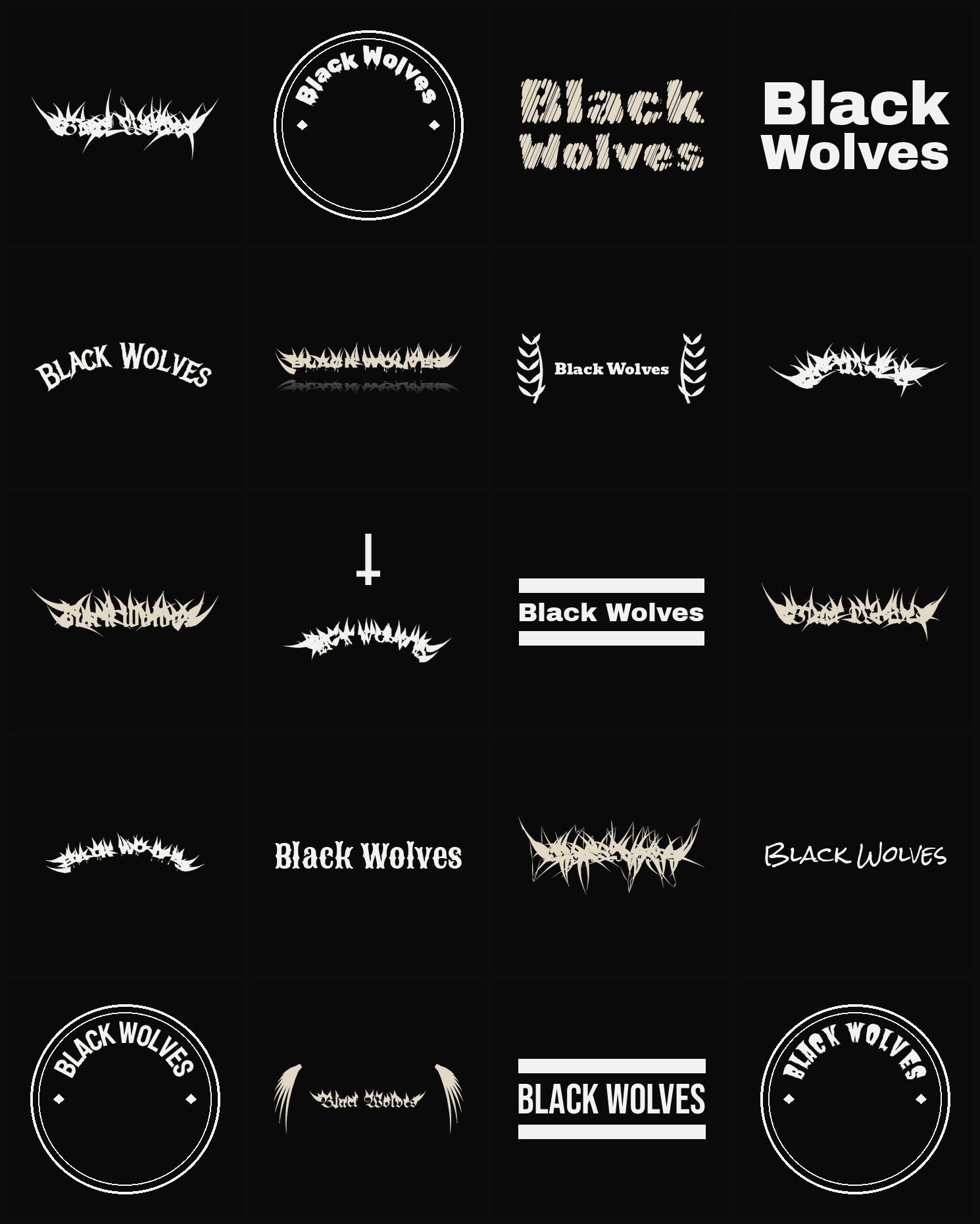 Twenty Black Wolves band logo ideas — different faces, treatments and spike settings