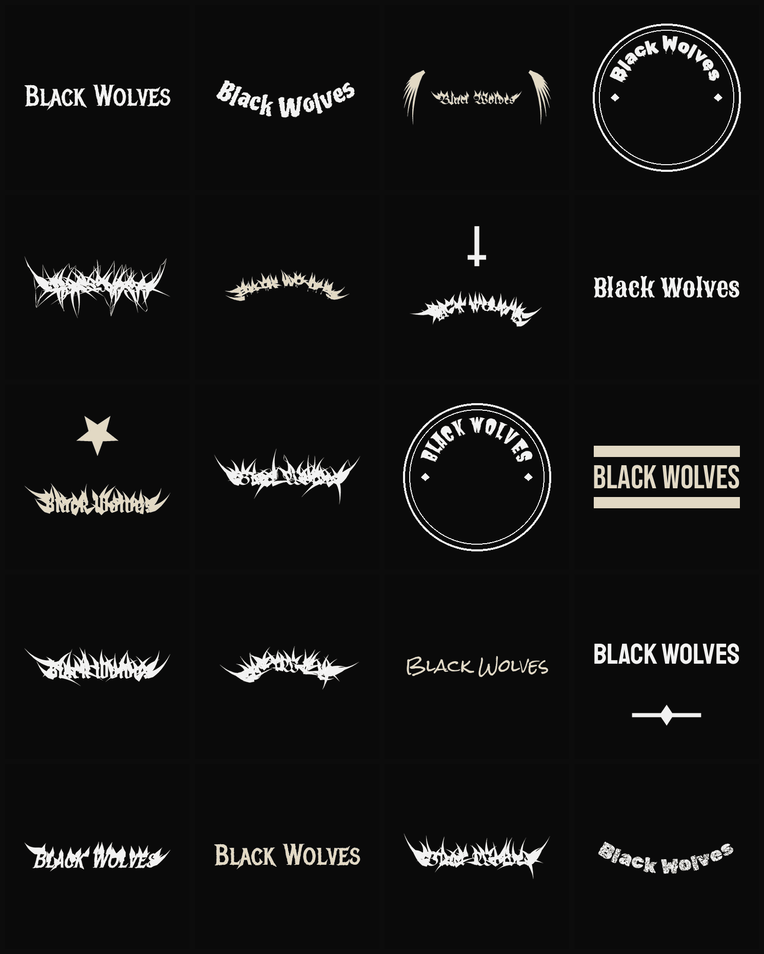 Twenty Black Wolves band logo ideas — different faces, treatments and spike settings