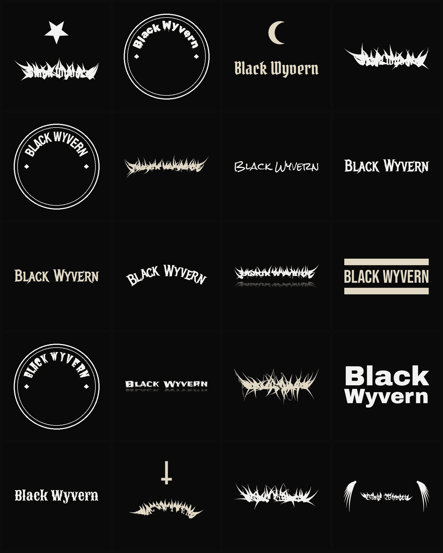 Twenty Black Wyvern band logo ideas — different faces, treatments and spike settings