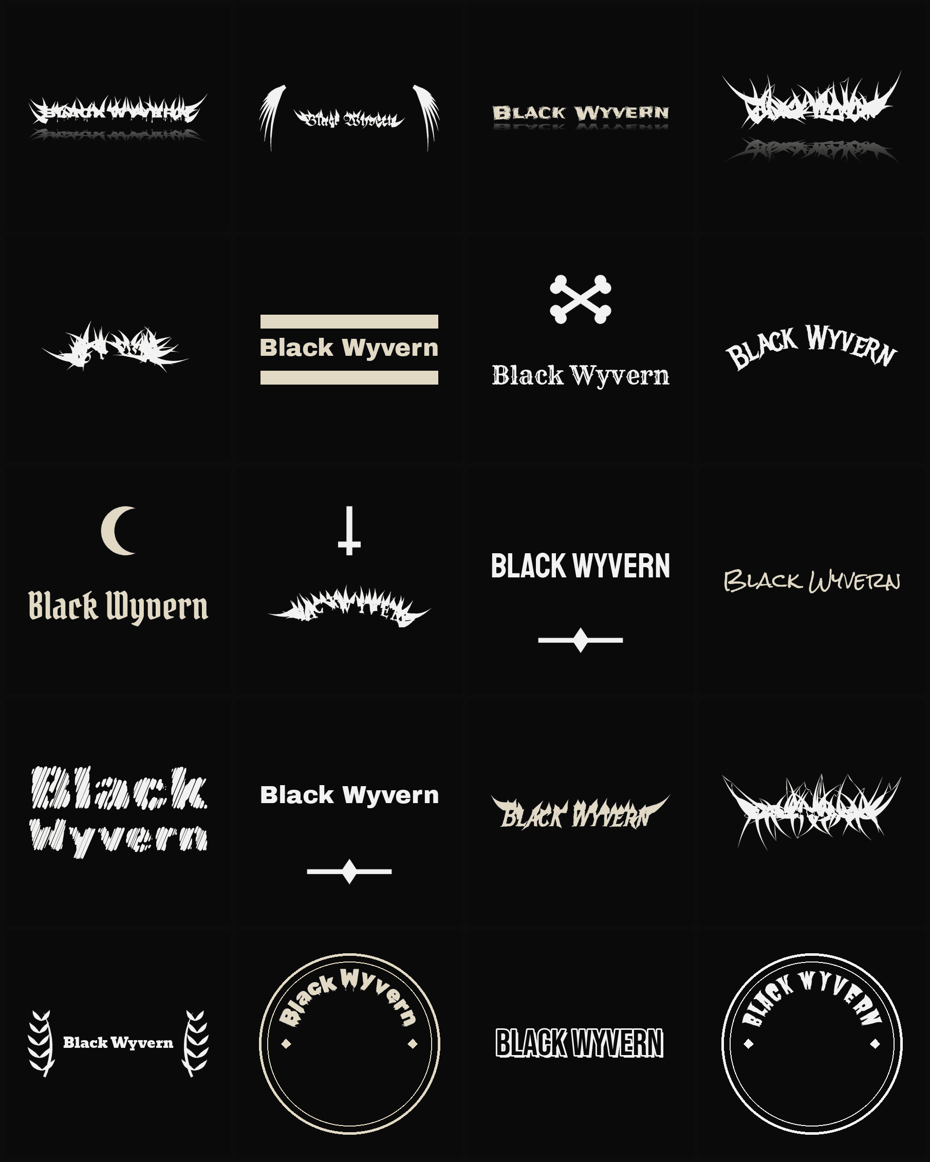 Twenty Black Wyvern band logo ideas — different faces, treatments and spike settings