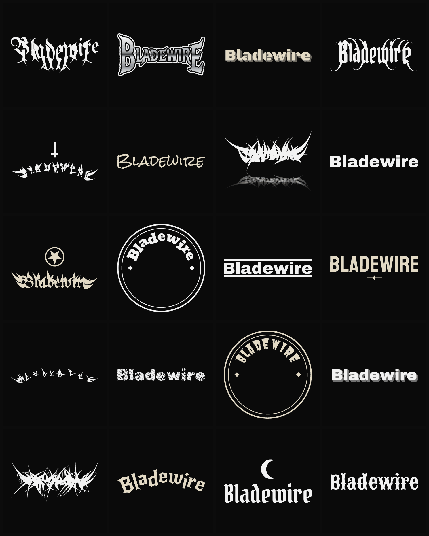 Twenty Bladewire band logo ideas — different faces, treatments and spike settings