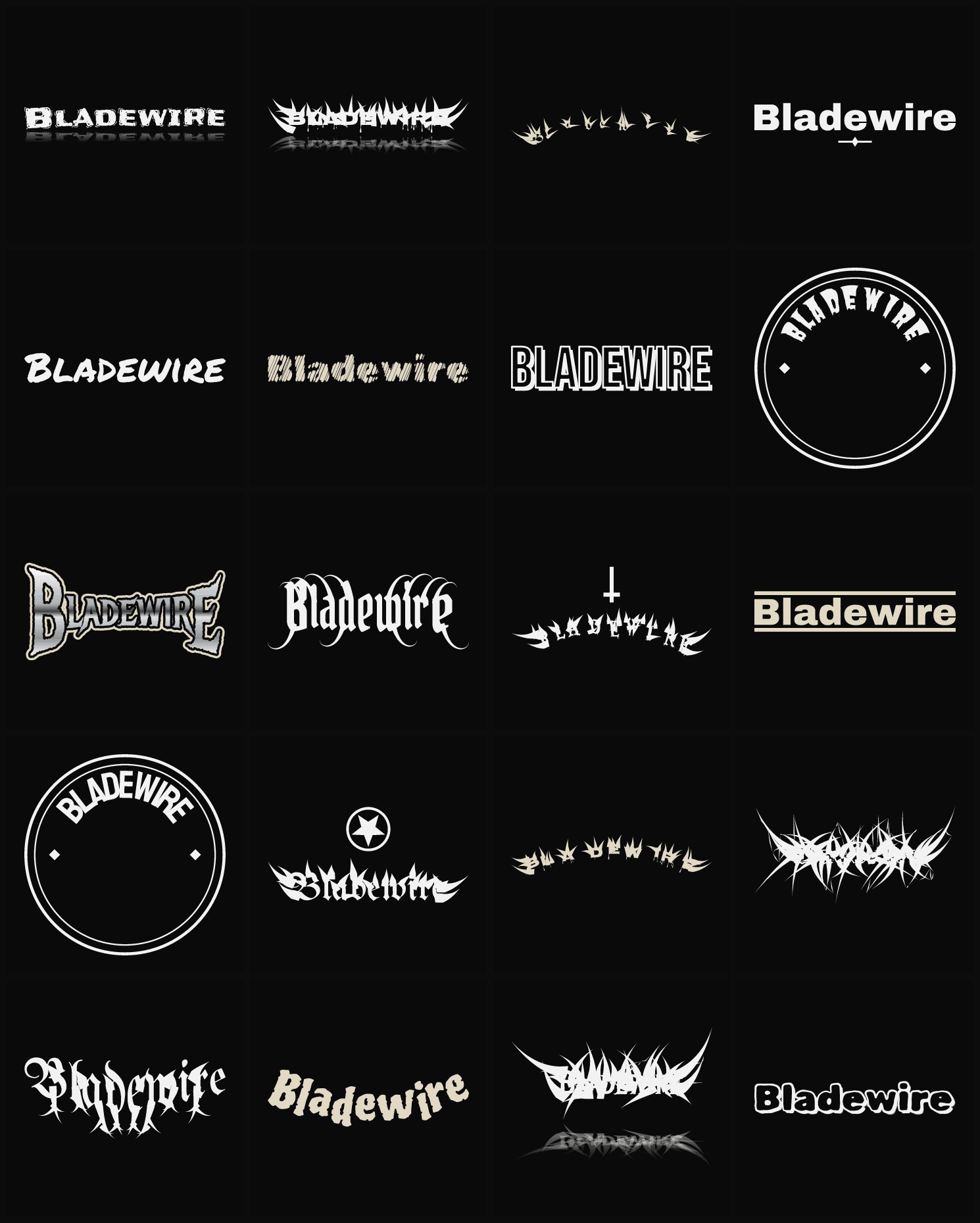 Twenty Bladewire band logo ideas — different faces, treatments and spike settings