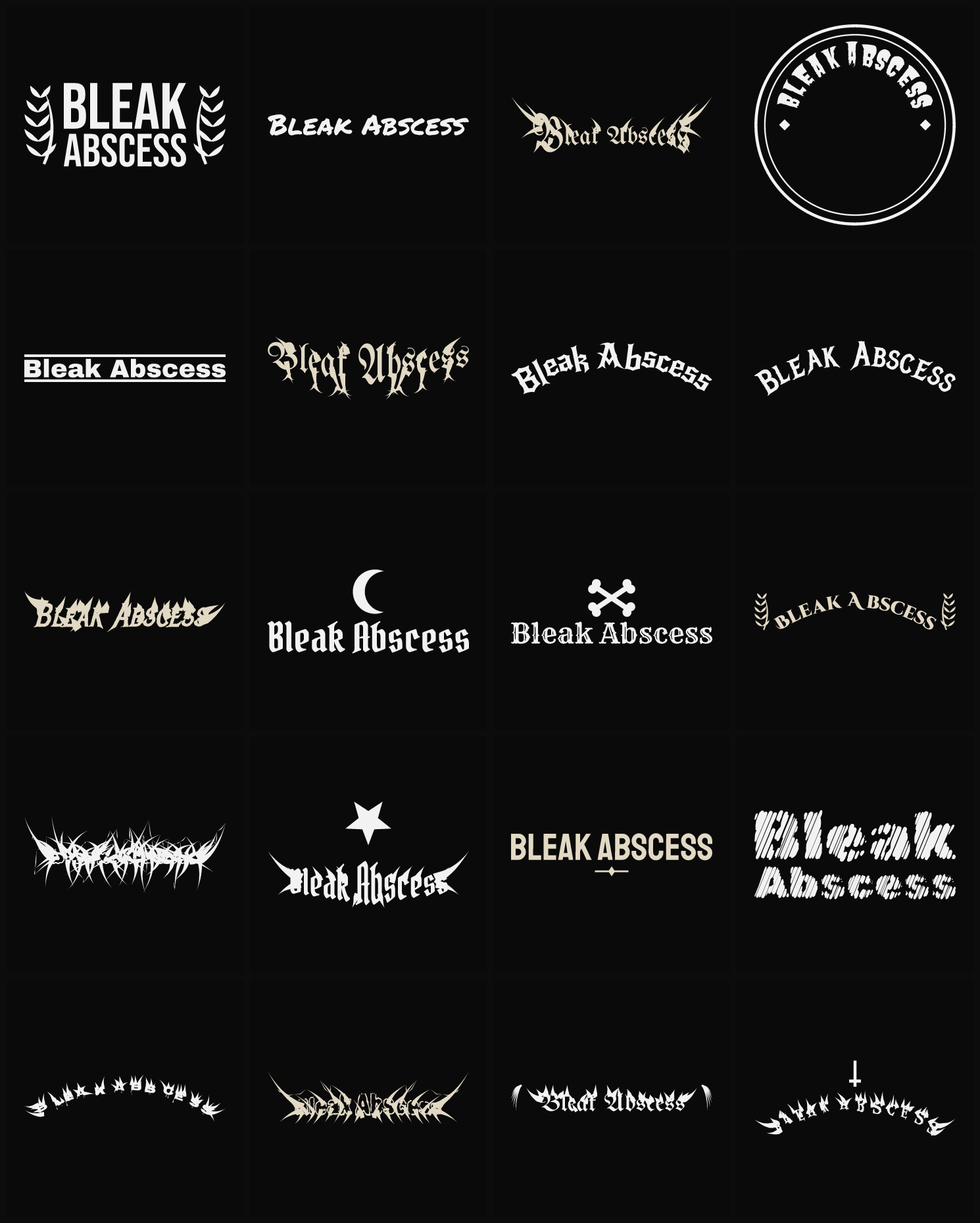 Twenty Bleak Abscess band logo ideas — different faces, treatments and spike settings