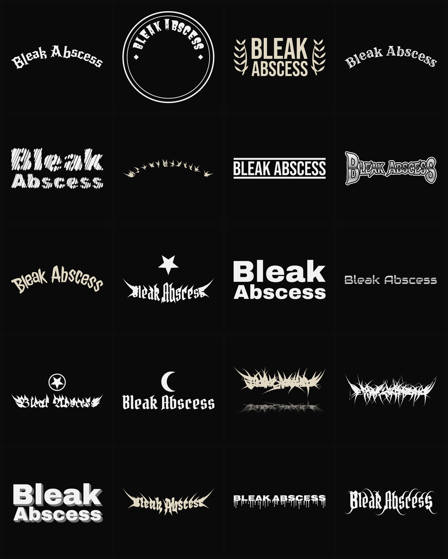 Twenty Bleak Abscess band logo ideas — different faces, treatments and spike settings