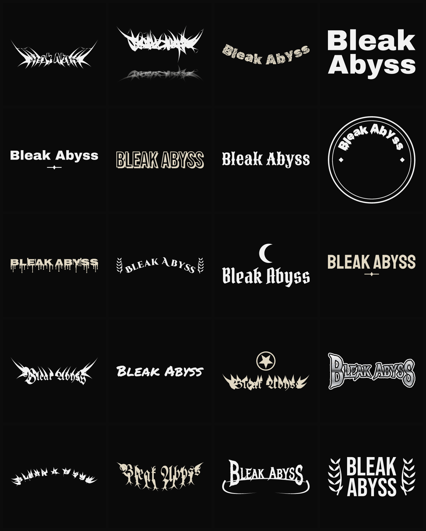 Twenty Bleak Abyss band logo ideas — different faces, treatments and spike settings
