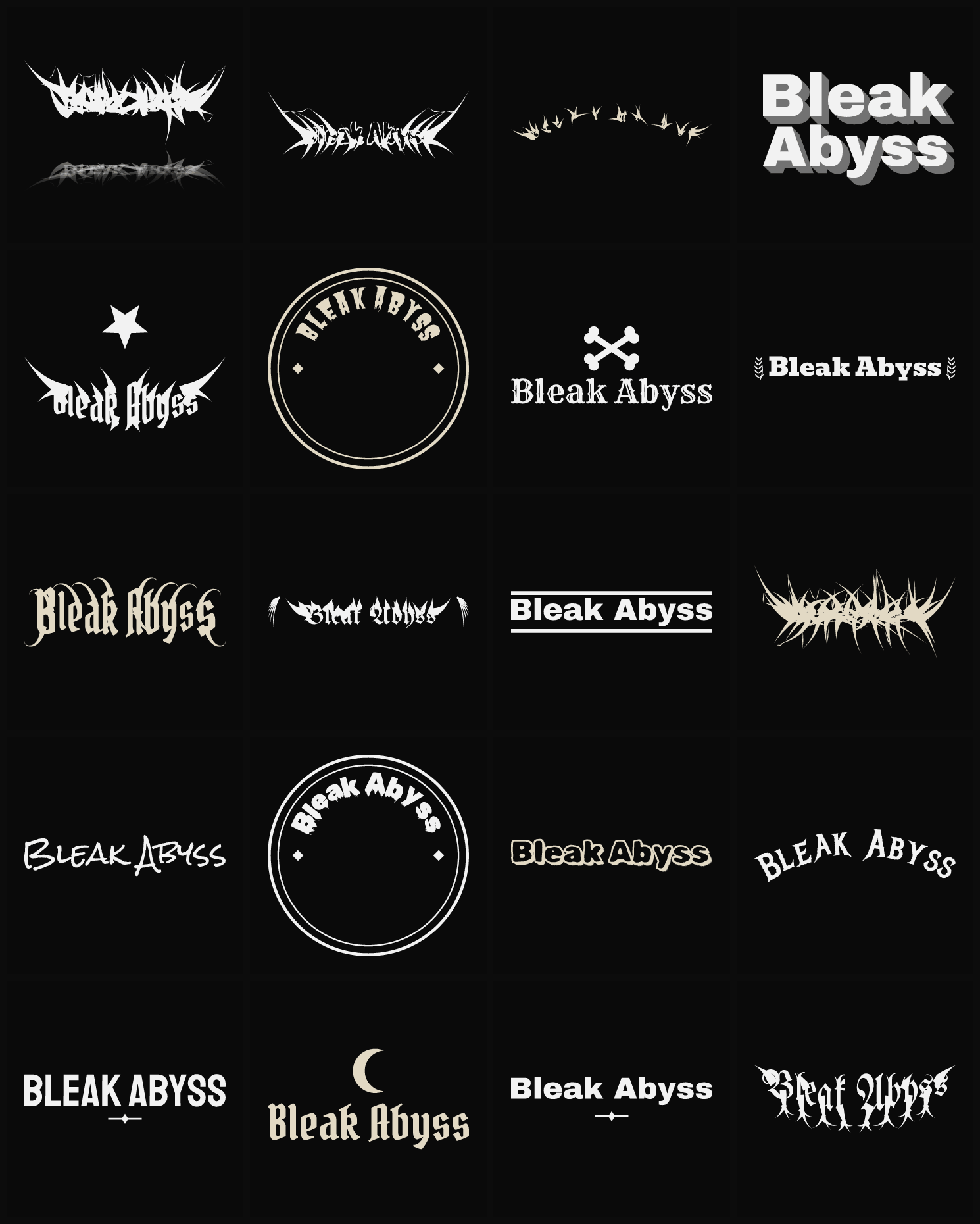 Twenty Bleak Abyss band logo ideas — different faces, treatments and spike settings