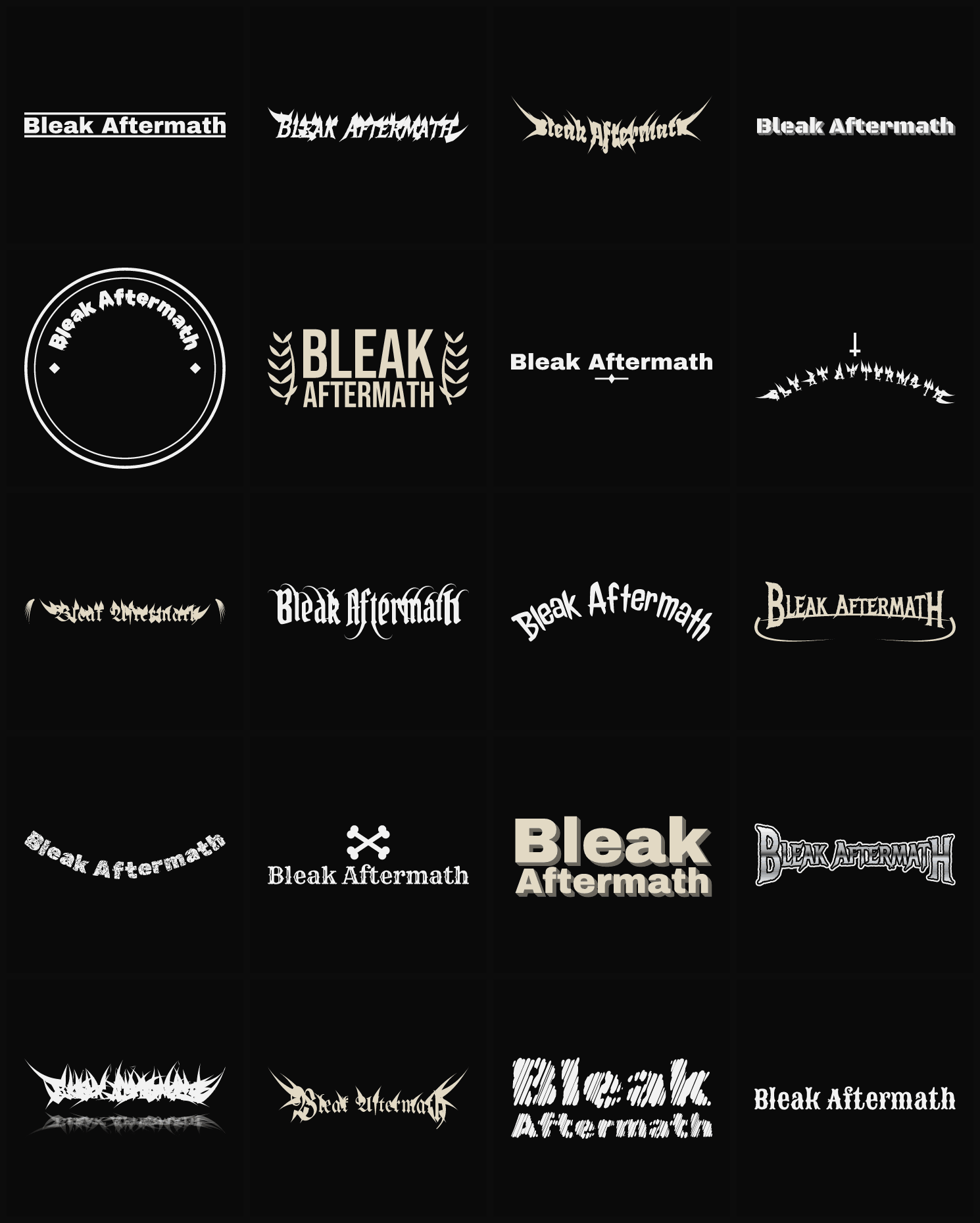 Twenty Bleak Aftermath band logo ideas — different faces, treatments and spike settings