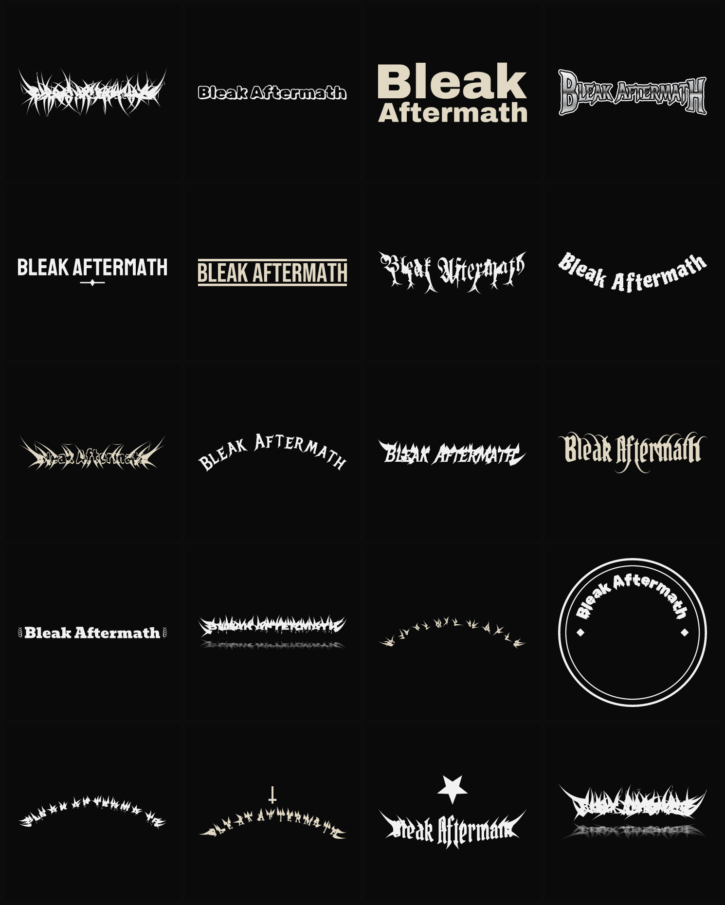 Twenty Bleak Aftermath band logo ideas — different faces, treatments and spike settings