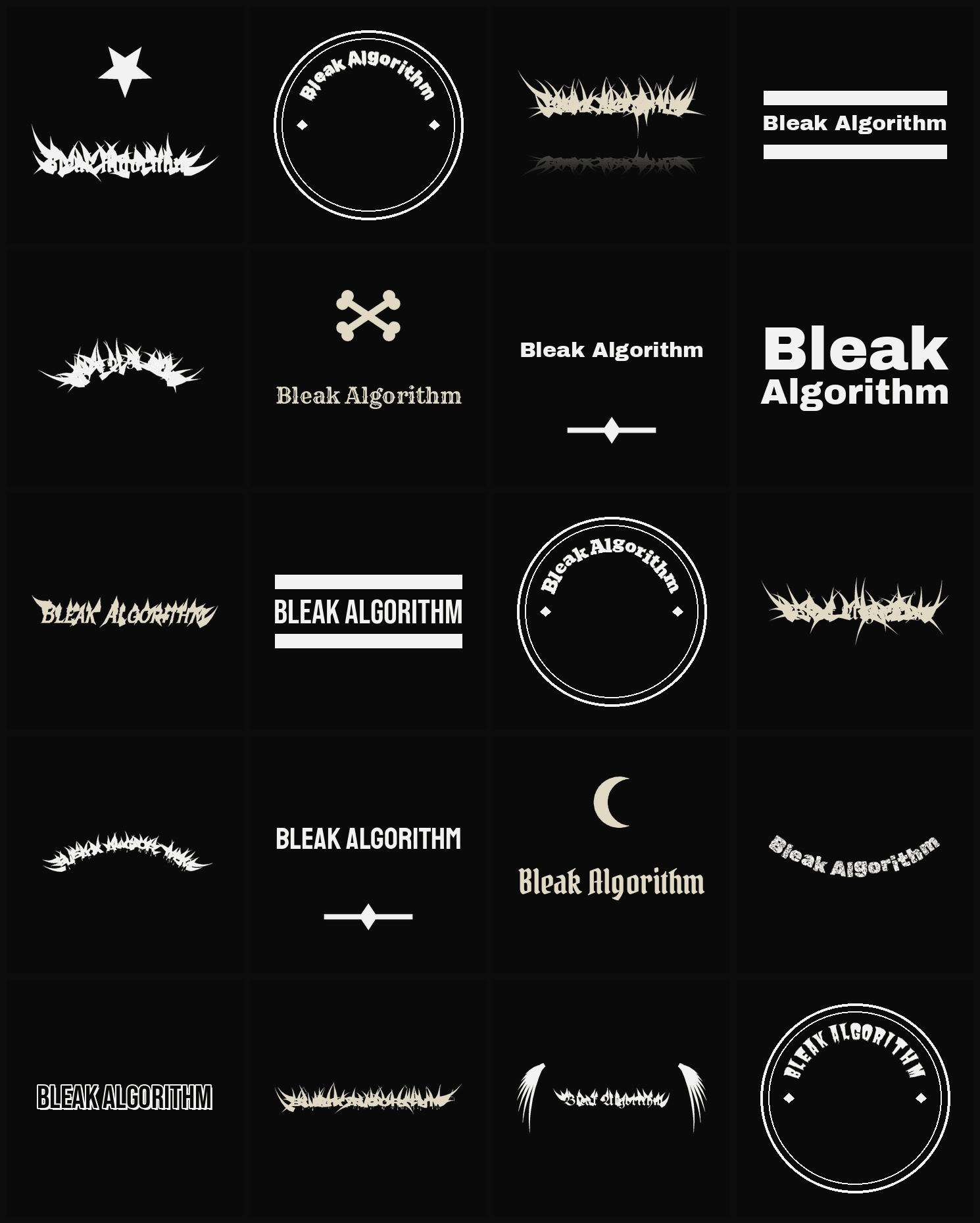 Twenty Bleak Algorithm band logo ideas — different faces, treatments and spike settings