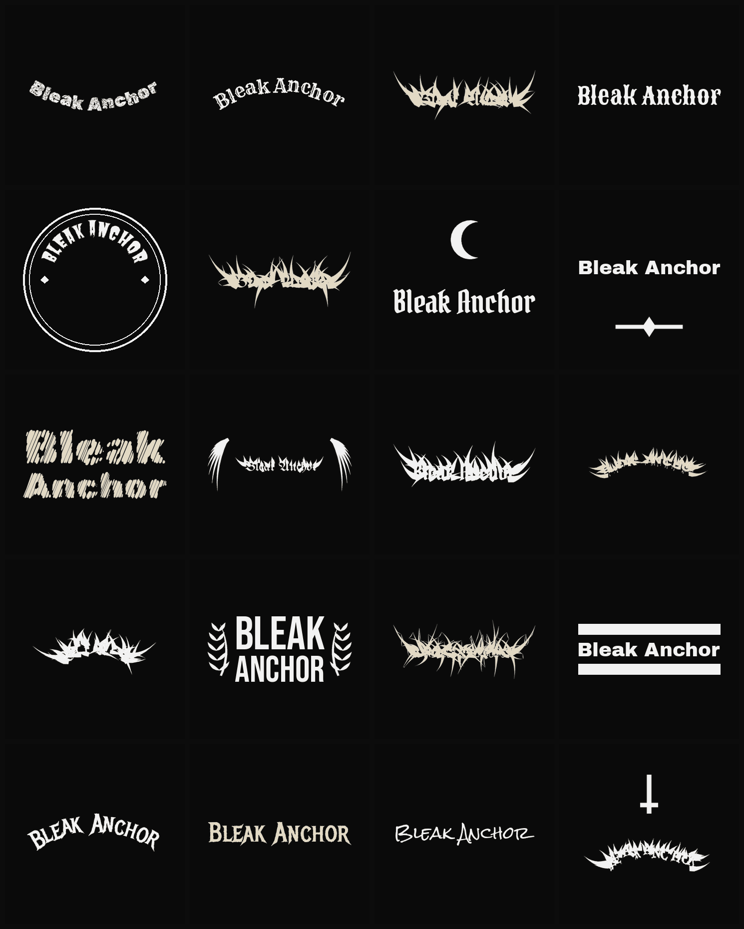 Twenty Bleak Anchor band logo ideas — different faces, treatments and spike settings