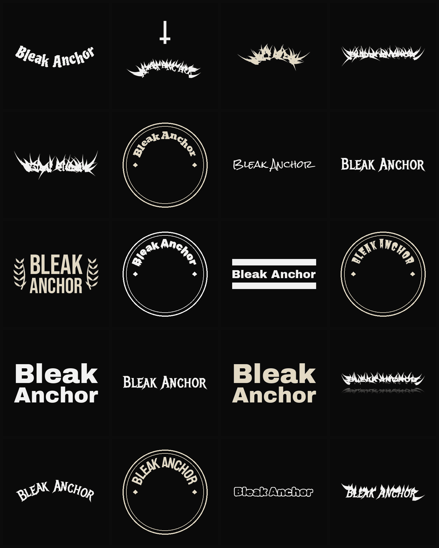 Twenty Bleak Anchor band logo ideas — different faces, treatments and spike settings
