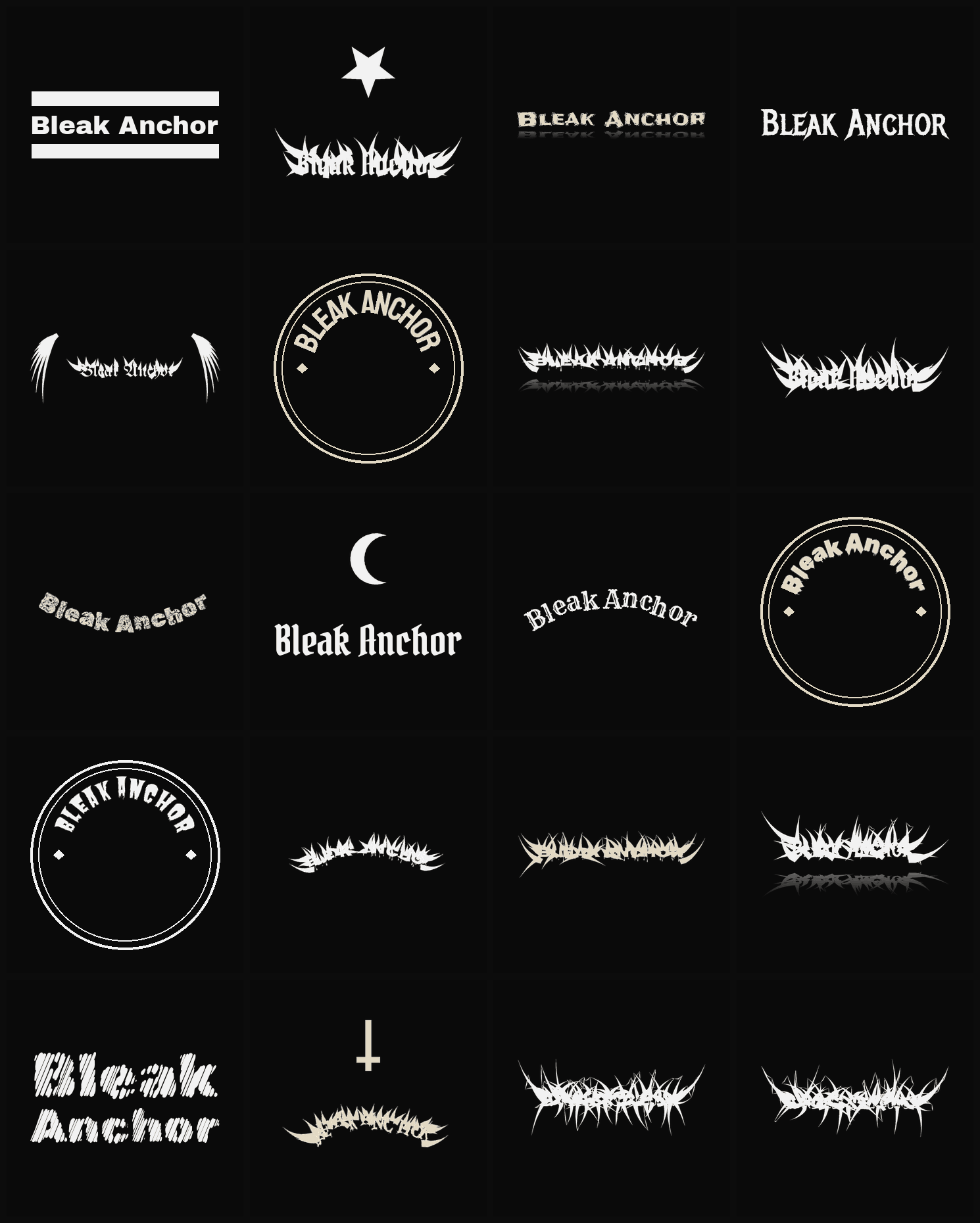 Twenty Bleak Anchor band logo ideas — different faces, treatments and spike settings