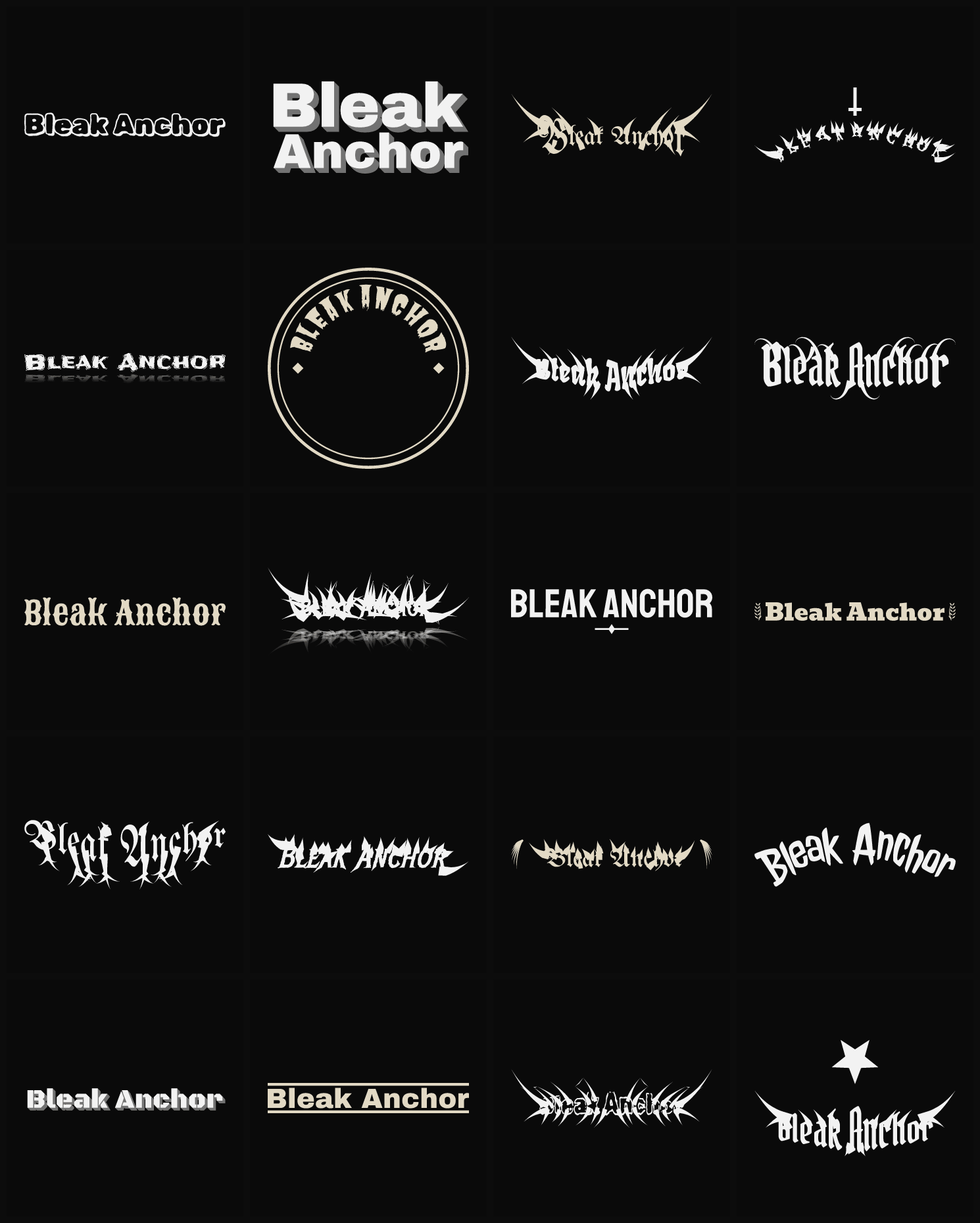 Twenty Bleak Anchor band logo ideas — different faces, treatments and spike settings