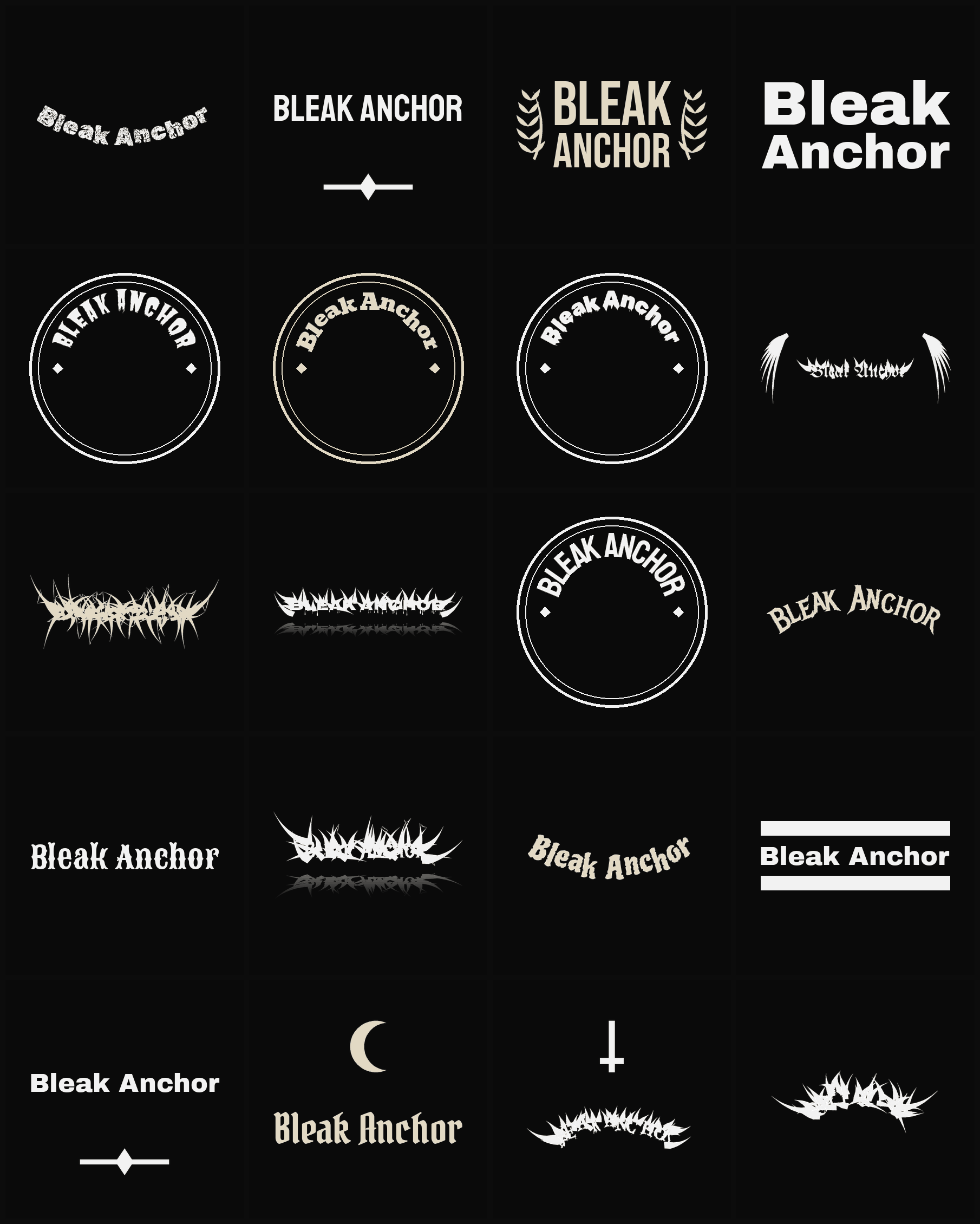 Twenty Bleak Anchor band logo ideas — different faces, treatments and spike settings
