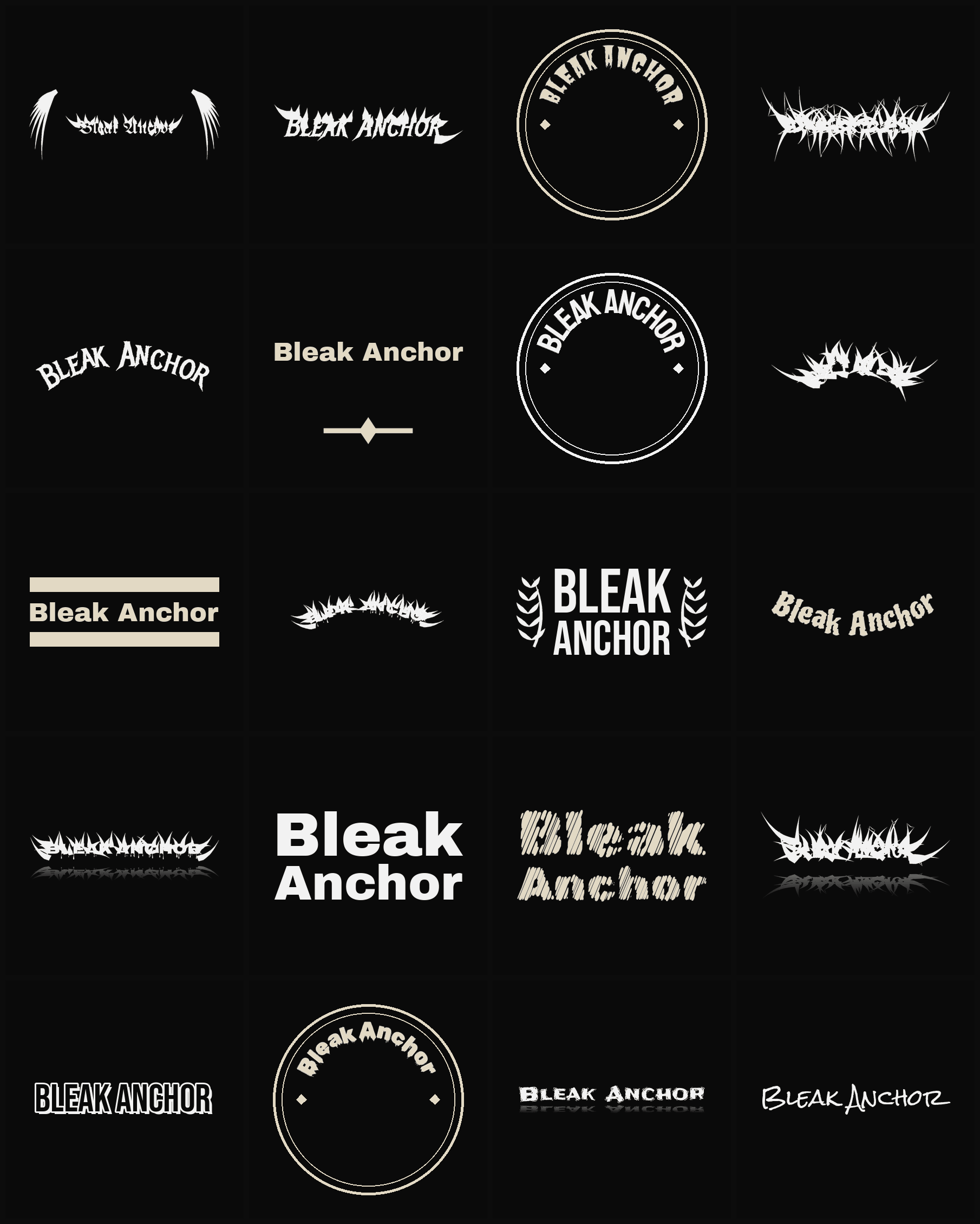 Twenty Bleak Anchor band logo ideas — different faces, treatments and spike settings