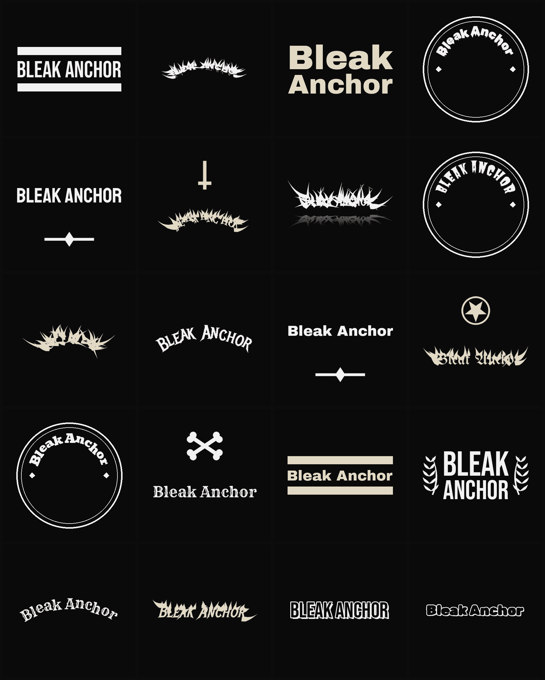 Twenty Bleak Anchor band logo ideas — different faces, treatments and spike settings