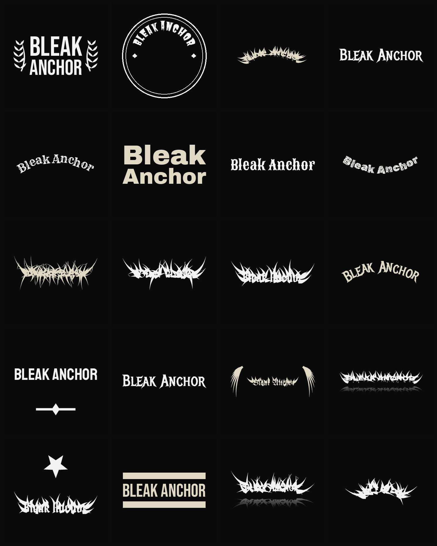 Twenty Bleak Anchor band logo ideas — different faces, treatments and spike settings