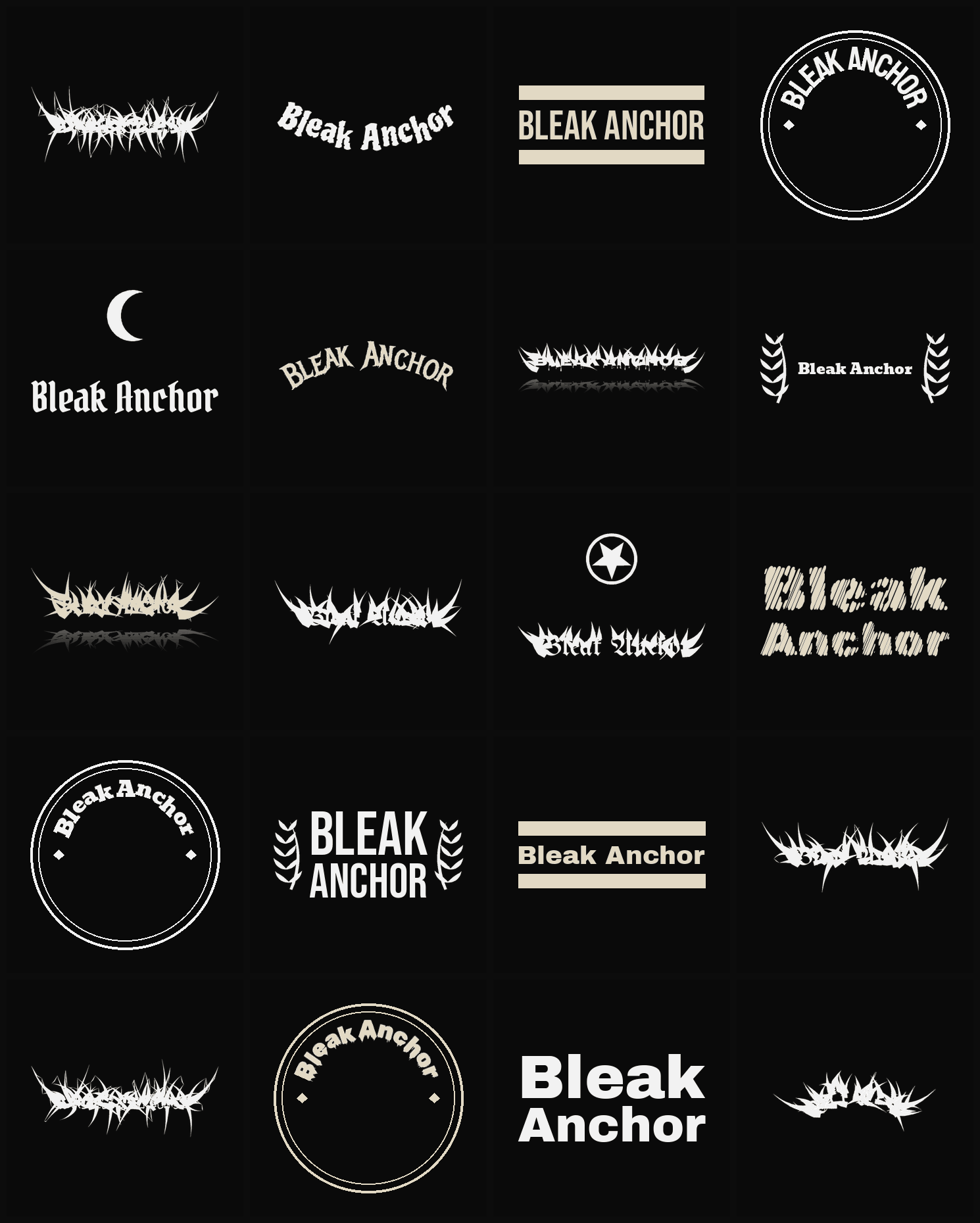 Twenty Bleak Anchor band logo ideas — different faces, treatments and spike settings