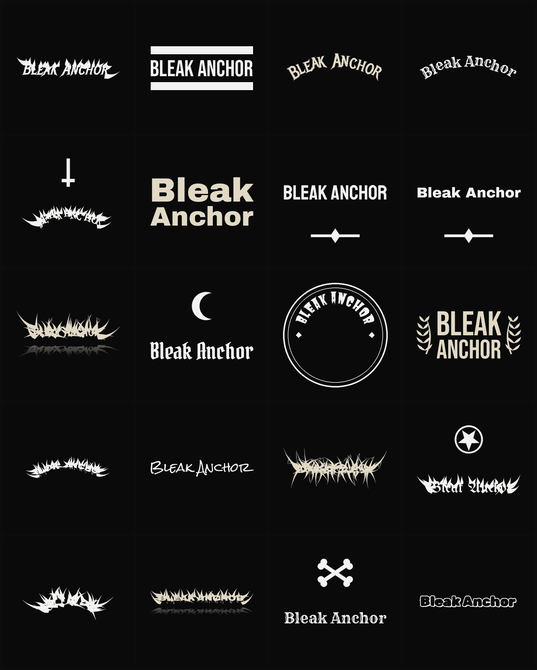 Twenty Bleak Anchor band logo ideas — different faces, treatments and spike settings