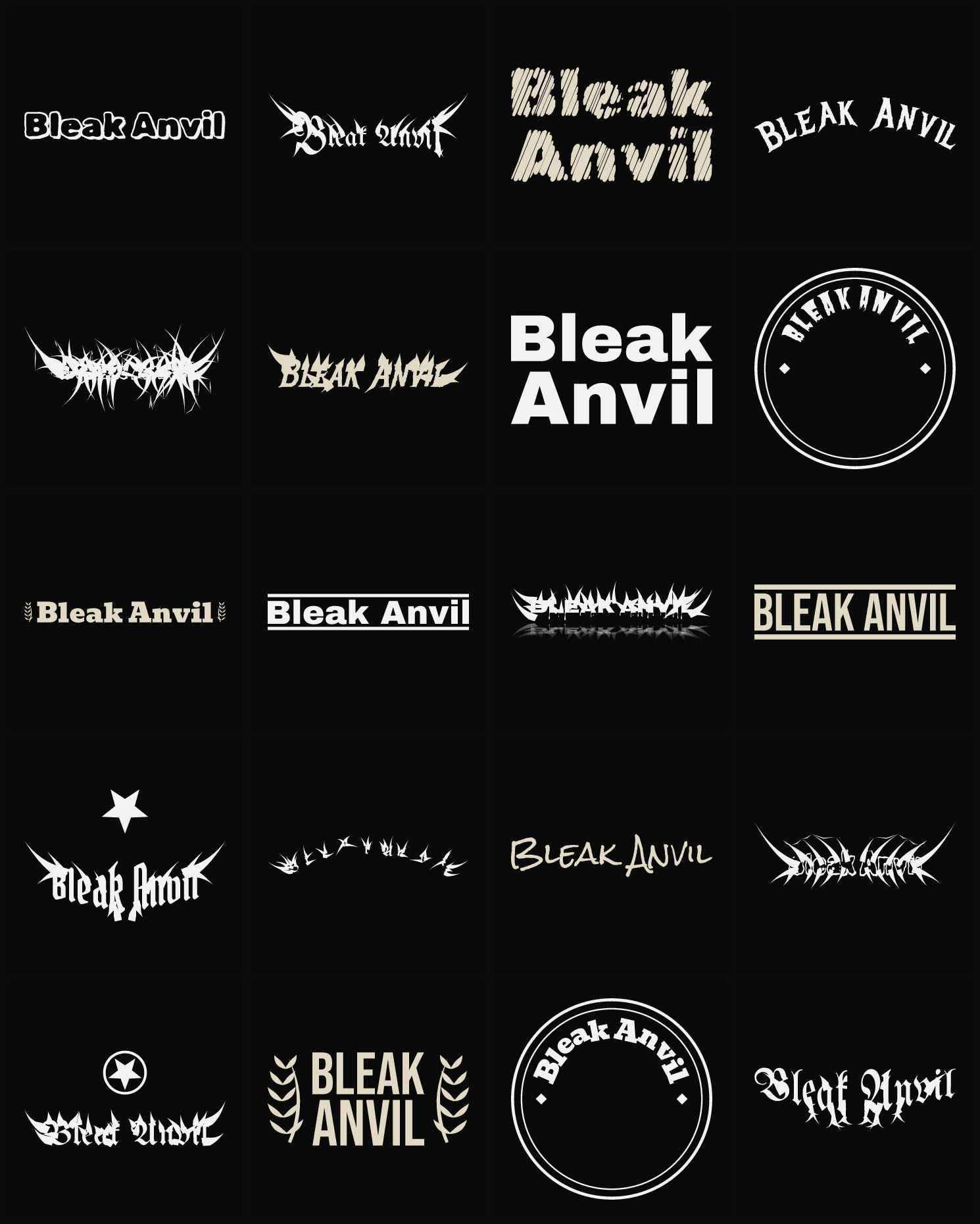 Twenty Bleak Anvil band logo ideas — different faces, treatments and spike settings