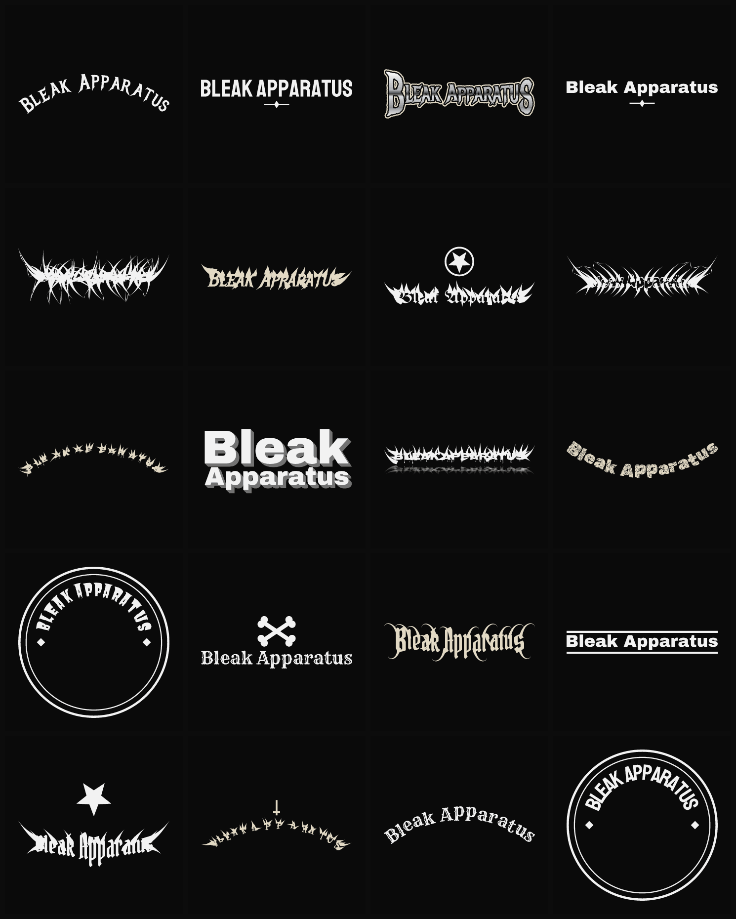 Twenty Bleak Apparatus band logo ideas — different faces, treatments and spike settings