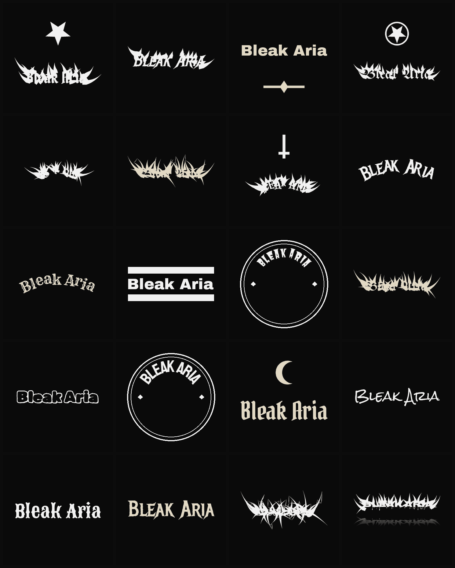 Twenty Bleak Aria band logo ideas — different faces, treatments and spike settings