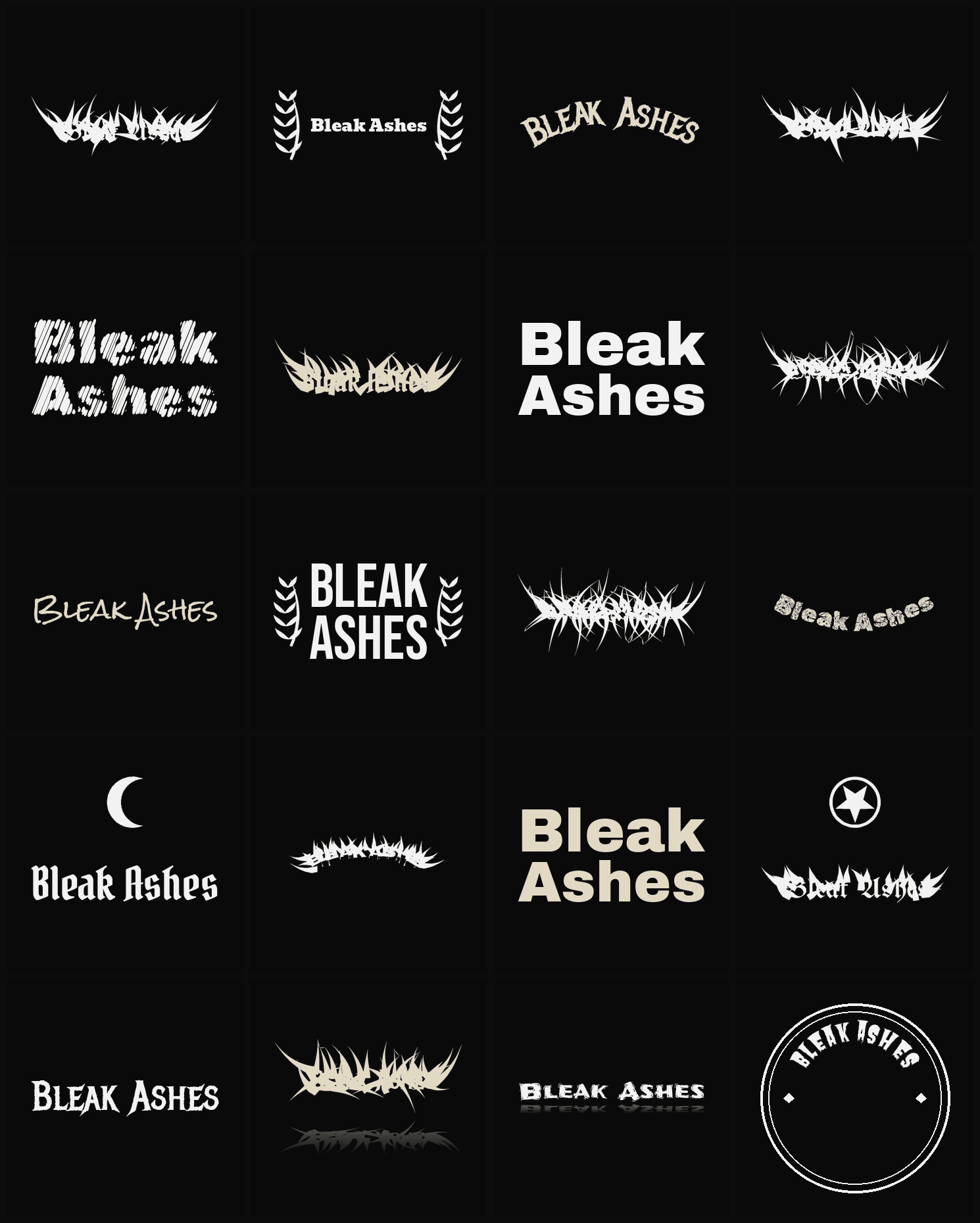 Twenty Bleak Ashes band logo ideas — different faces, treatments and spike settings
