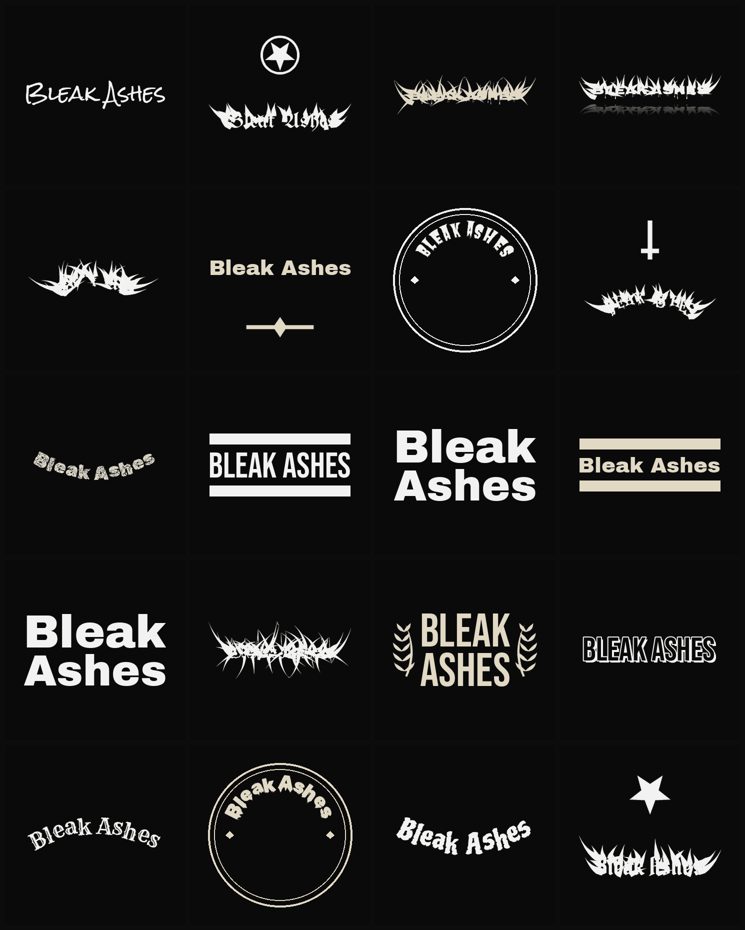 Twenty Bleak Ashes band logo ideas — different faces, treatments and spike settings