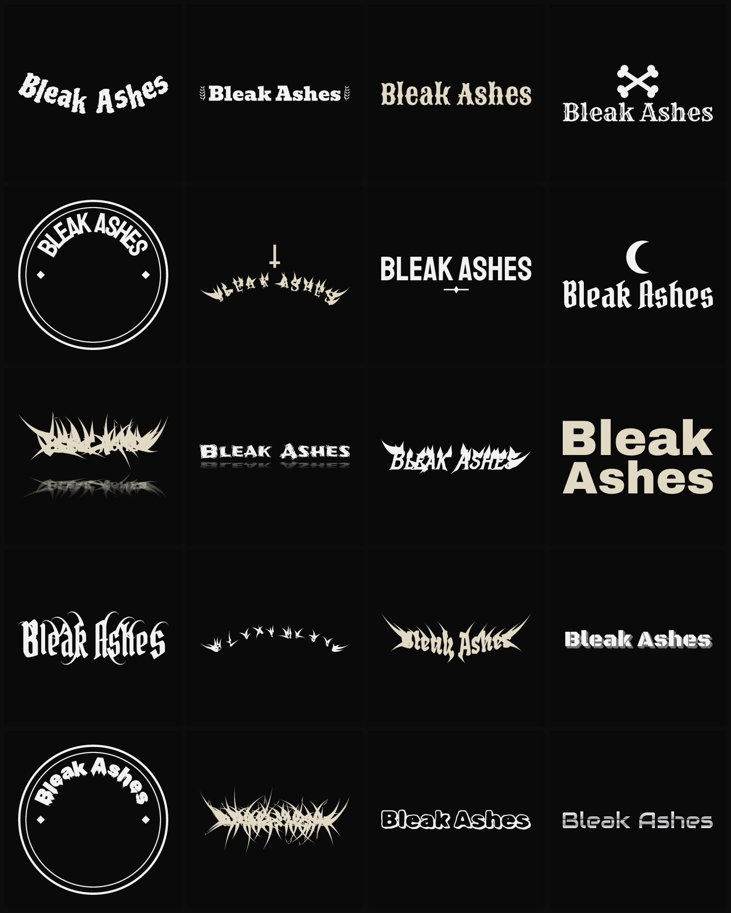 Twenty Bleak Ashes band logo ideas — different faces, treatments and spike settings