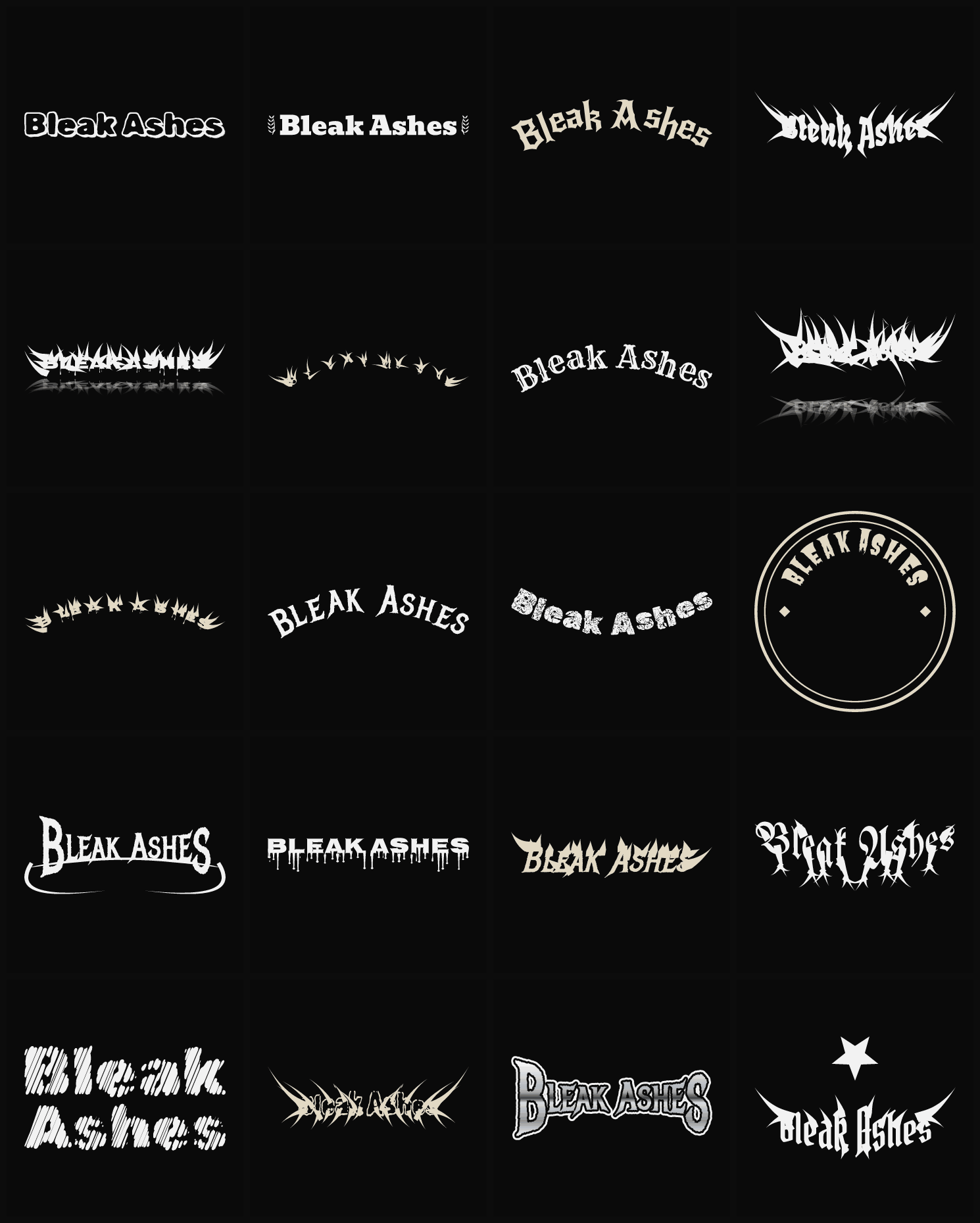 Twenty Bleak Ashes band logo ideas — different faces, treatments and spike settings