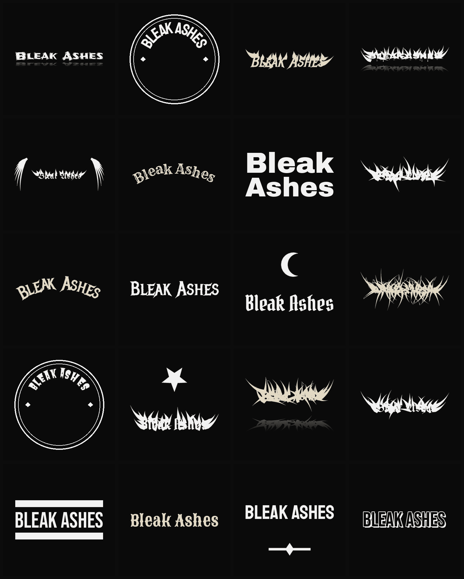 Twenty Bleak Ashes band logo ideas — different faces, treatments and spike settings