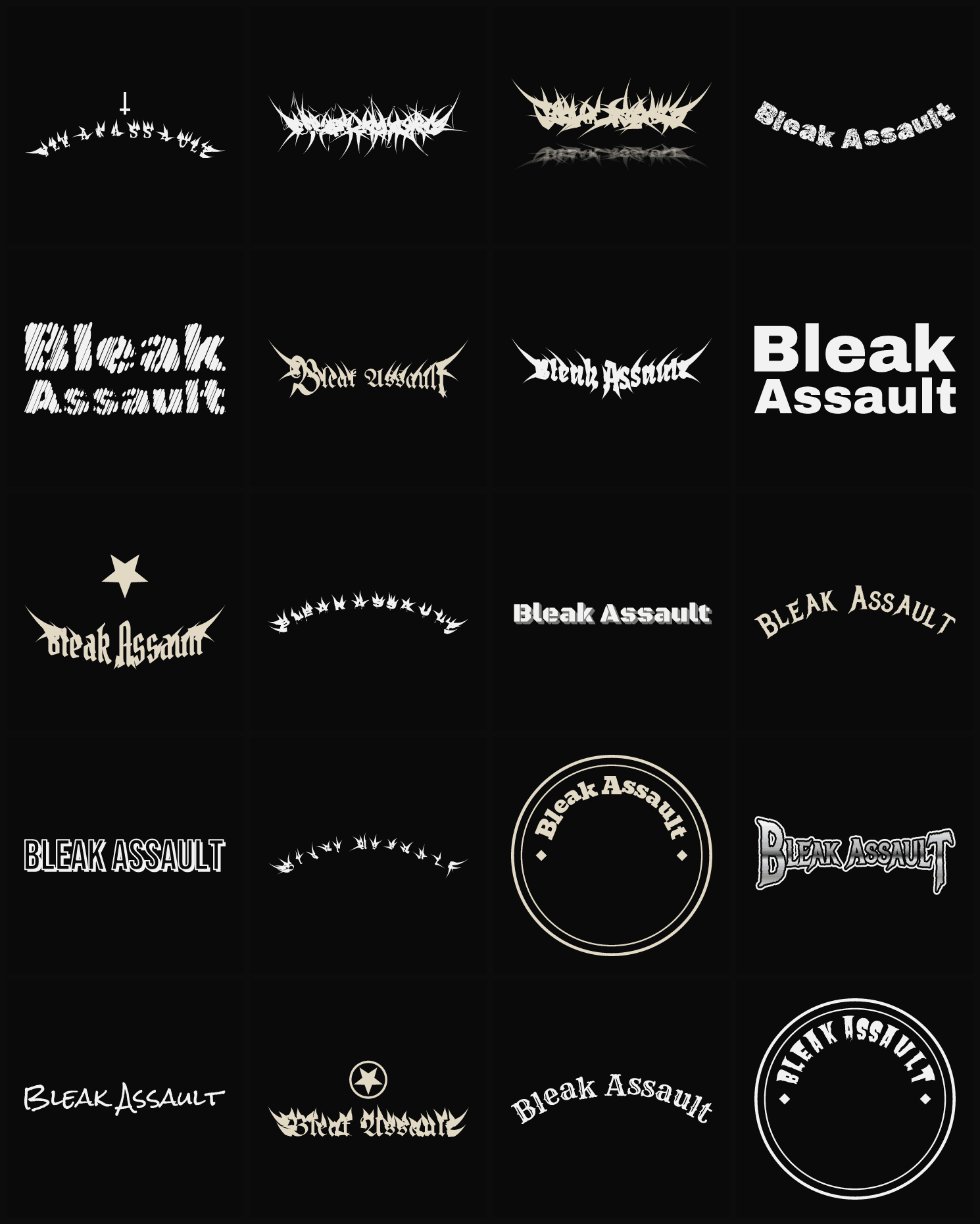Twenty Bleak Assault band logo ideas — different faces, treatments and spike settings