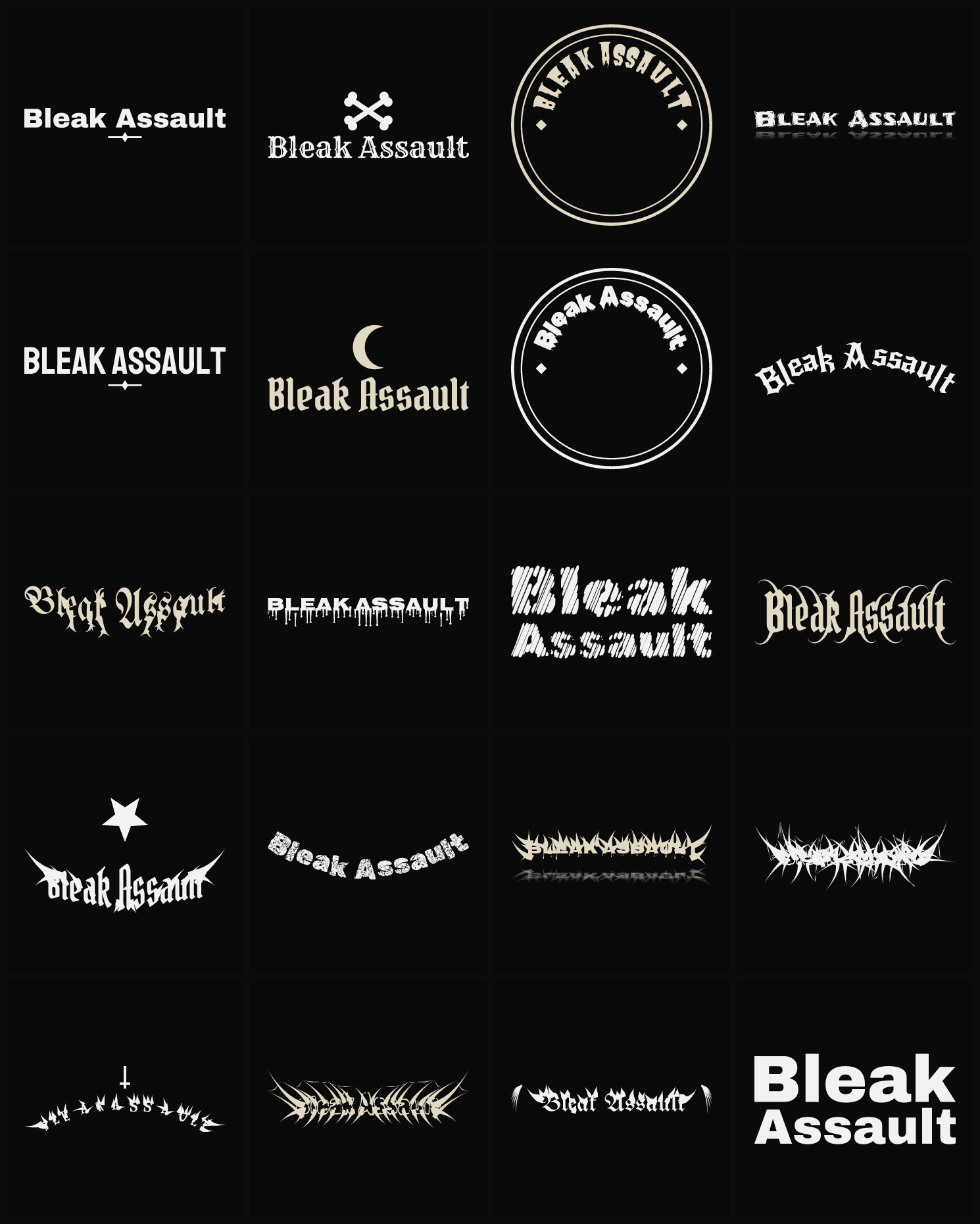 Twenty Bleak Assault band logo ideas — different faces, treatments and spike settings