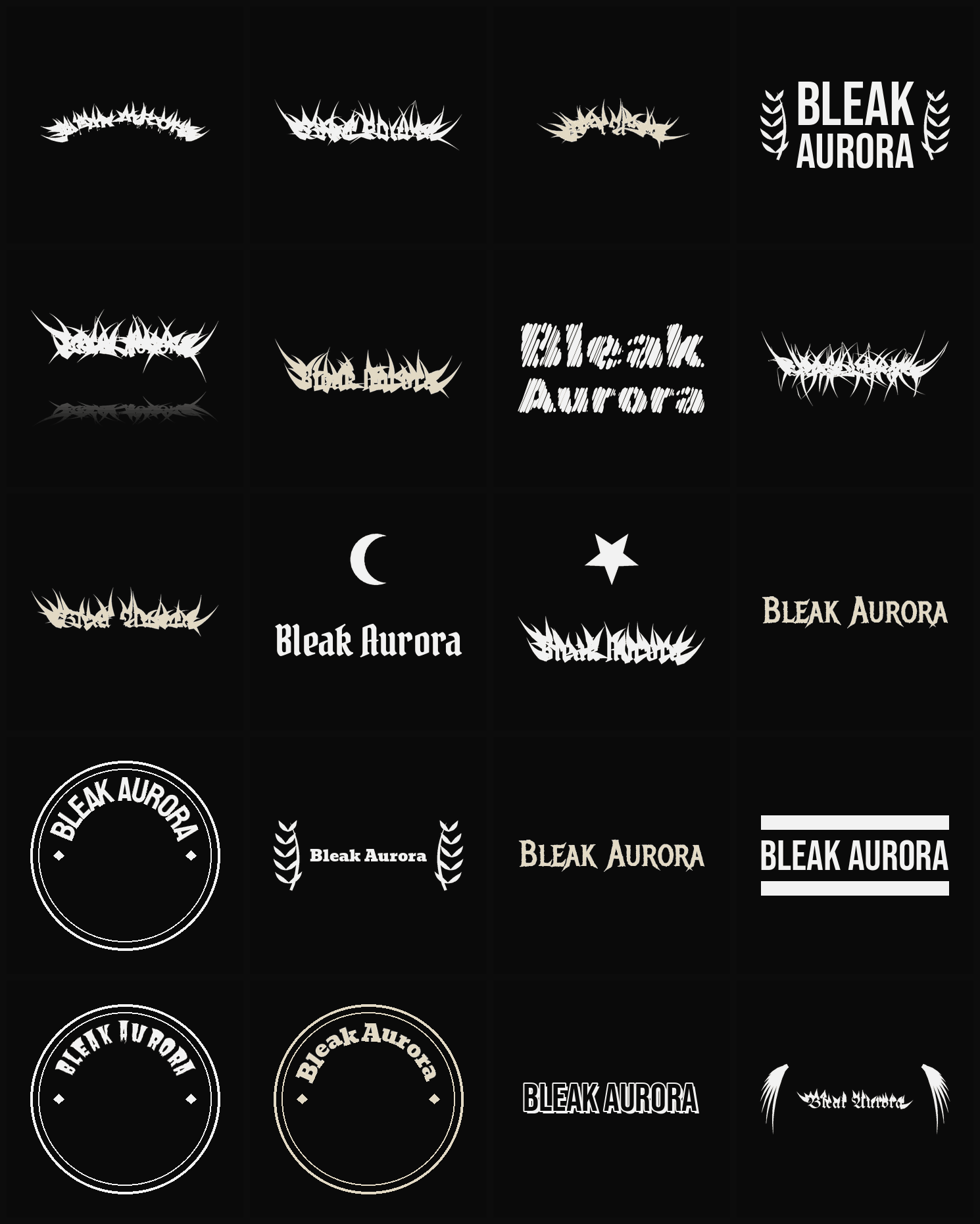 Twenty Bleak Aurora band logo ideas — different faces, treatments and spike settings