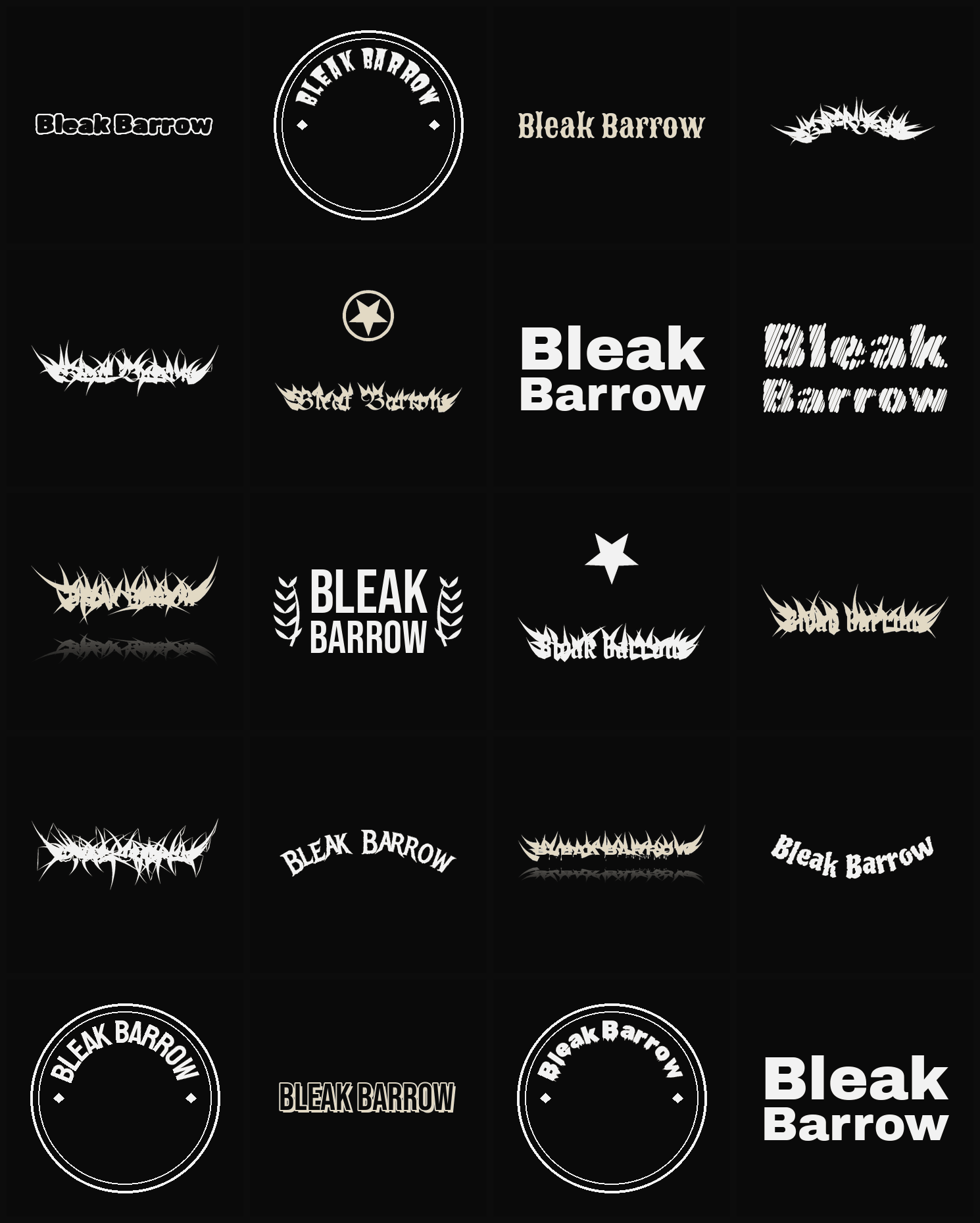 Twenty Bleak Barrow band logo ideas — different faces, treatments and spike settings