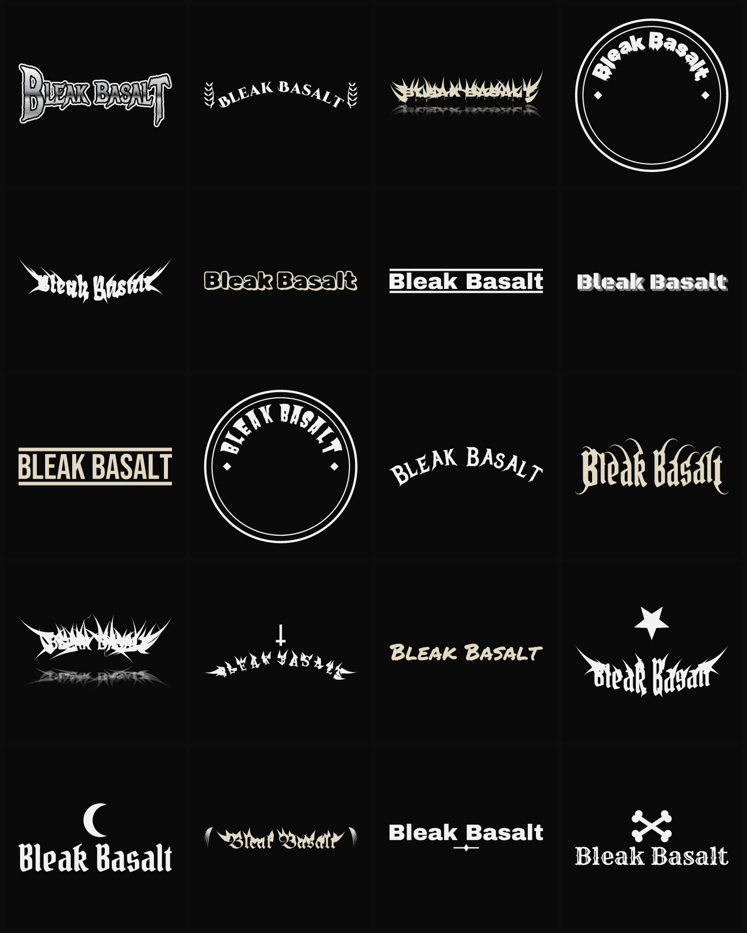 Twenty Bleak Basalt band logo ideas — different faces, treatments and spike settings